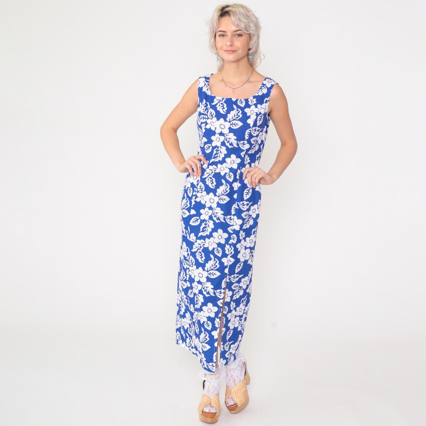 90s Blue Floral Sleeveless Sundress Ankle Length Front Slit Small