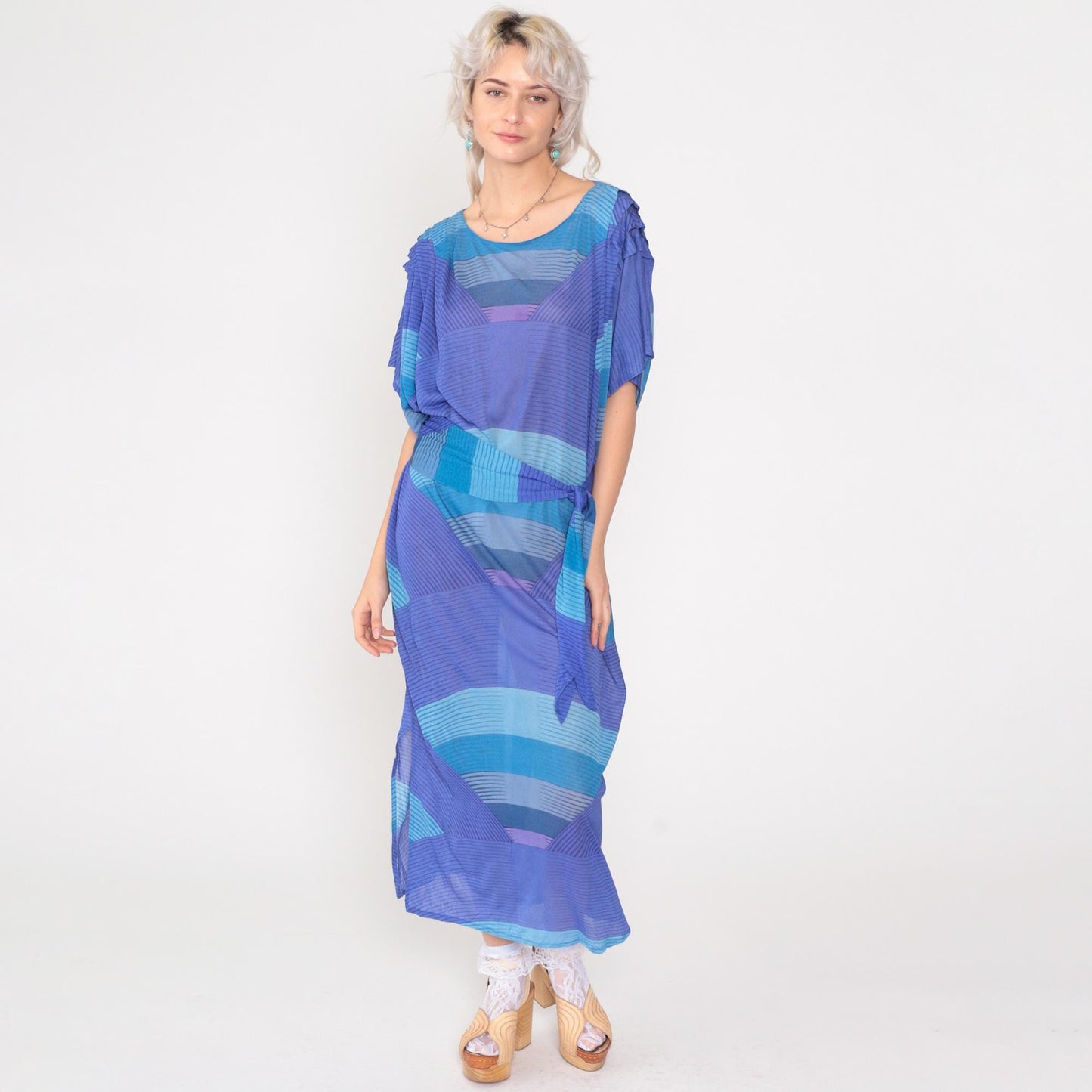 80s Abstract Striped Caftan Maxi Dress Purple Blue Dolman Sleeve Keyhole Extra Large