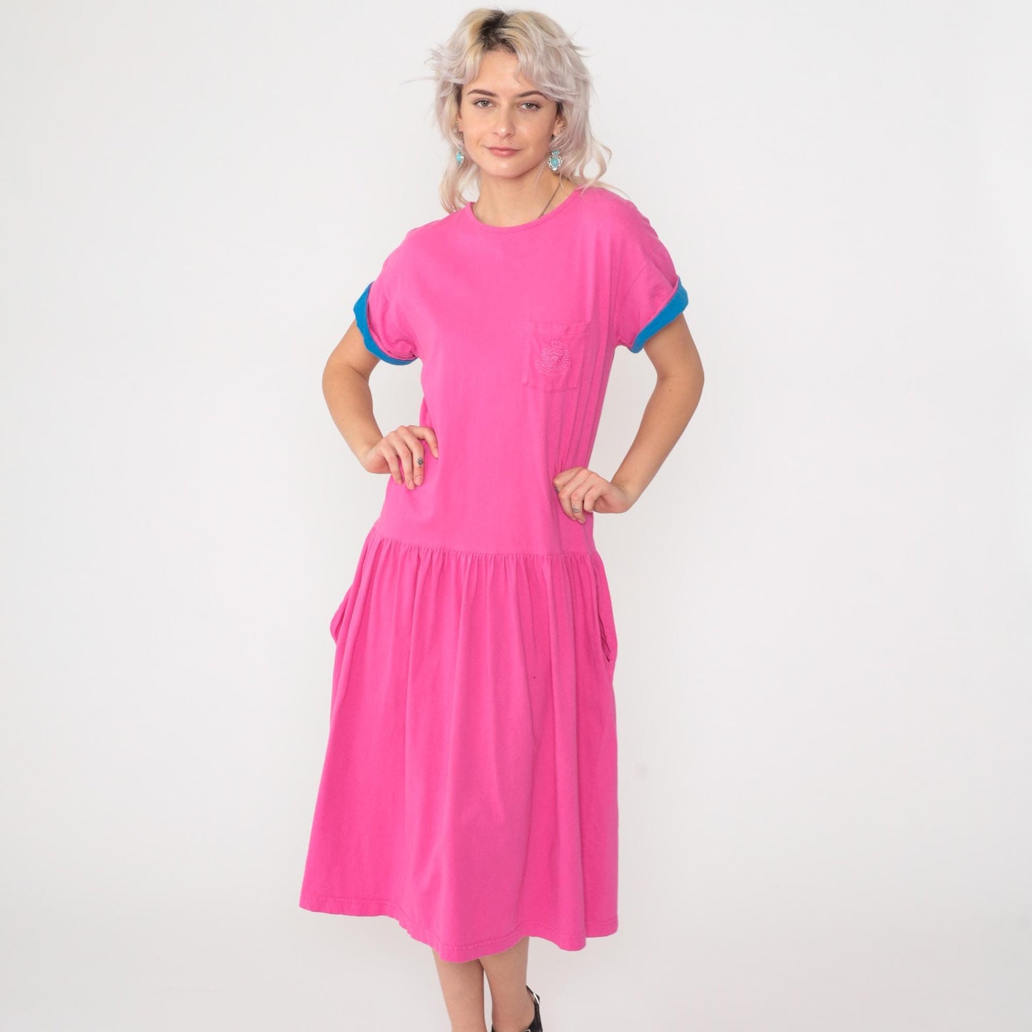 90s Jones Wear Fuchsia T-Shirt Dress Cotton Chest Pocket Drop Waist Midi Medium