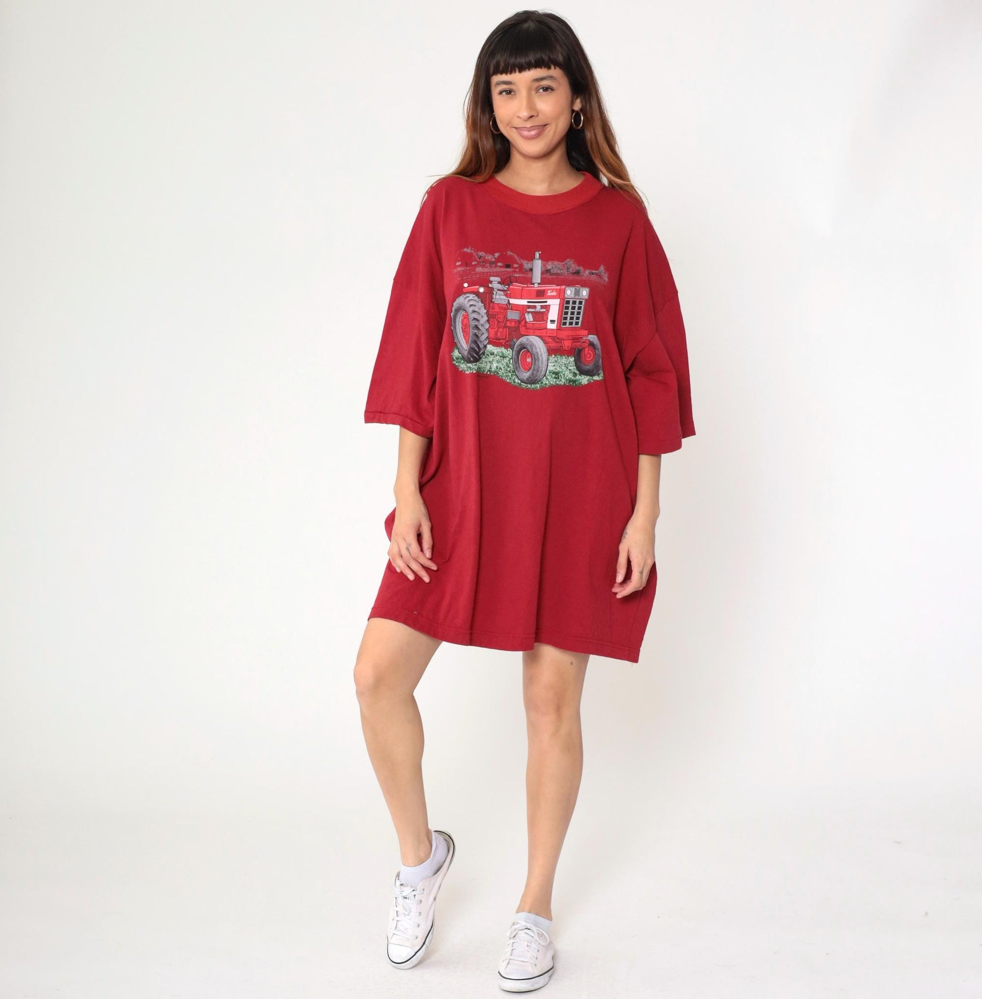 90s Red Tractor Farm Graphic T-Shirt Dress Cotton Crewneck Plus Size XXL