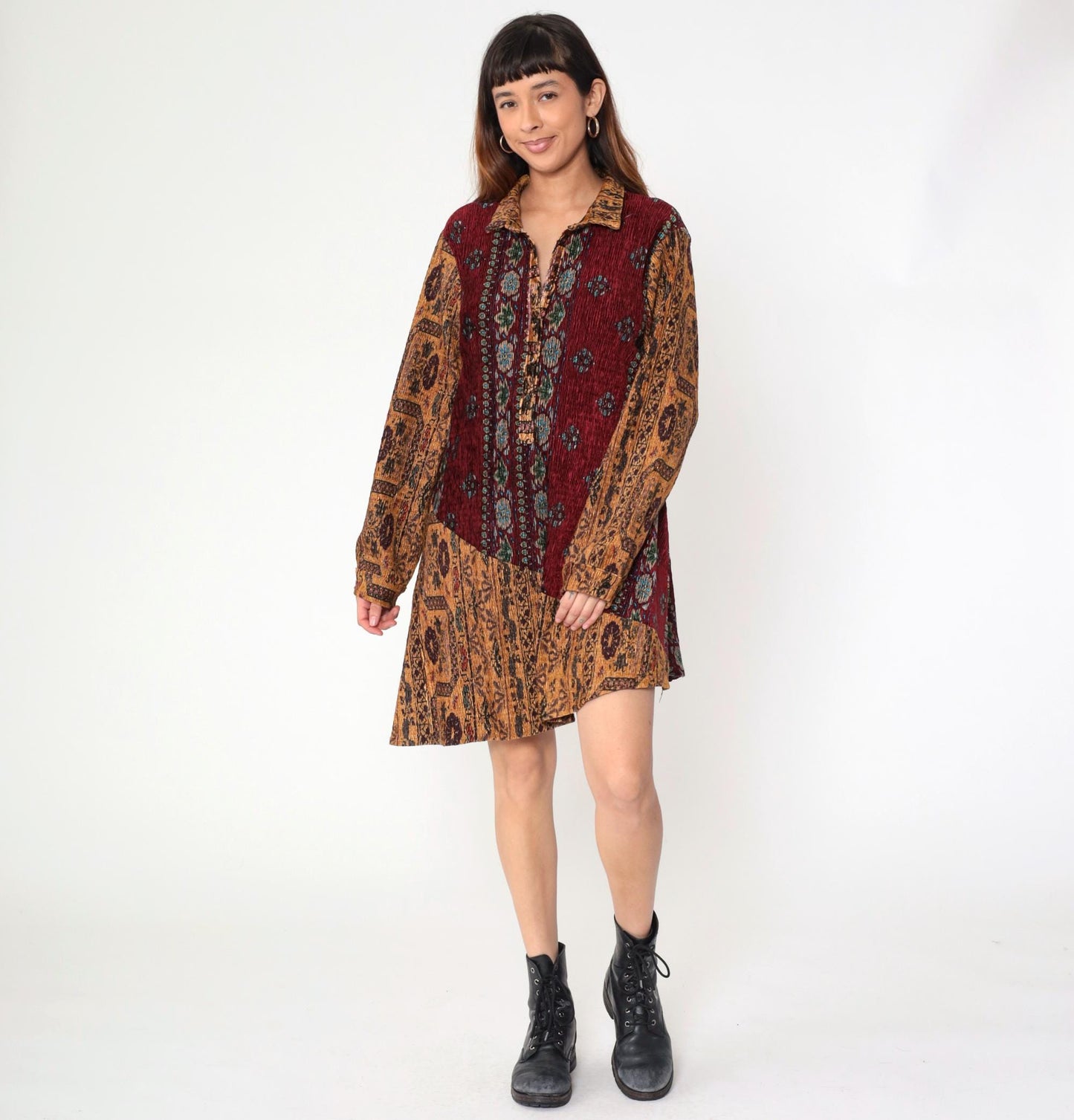 90s Paris Hues Floral Crinkle Mini Dress Burgundy Brown Asymmetrical Hem Medium Large