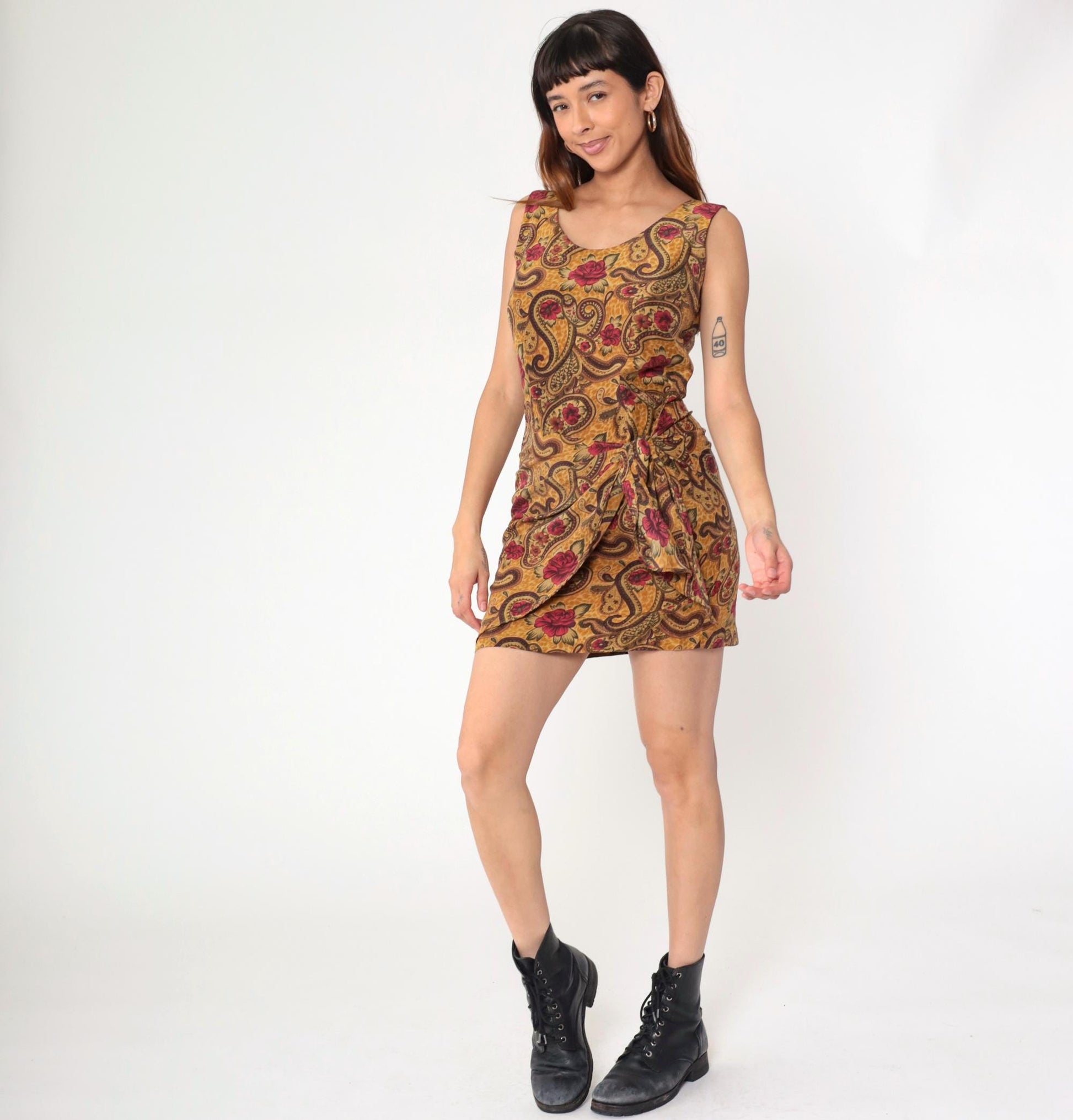 90s Forenza Silk Mini Dress Gold Floral Paisley Wrap Waist Sleeveless Medium