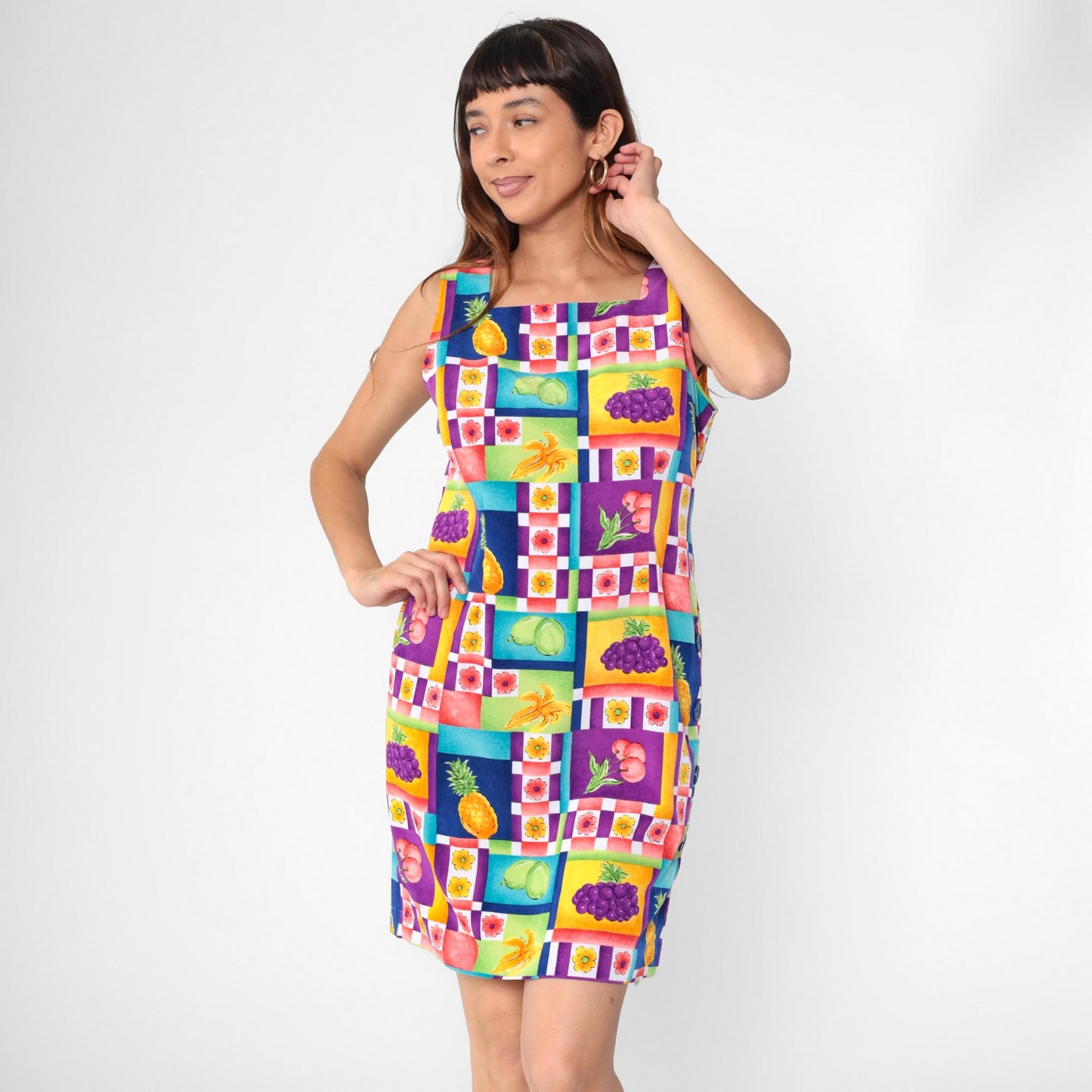 90s Sag Harbor Fruit Floral Mini Dress Sleeveless Square Neck Sheath Medium Petite