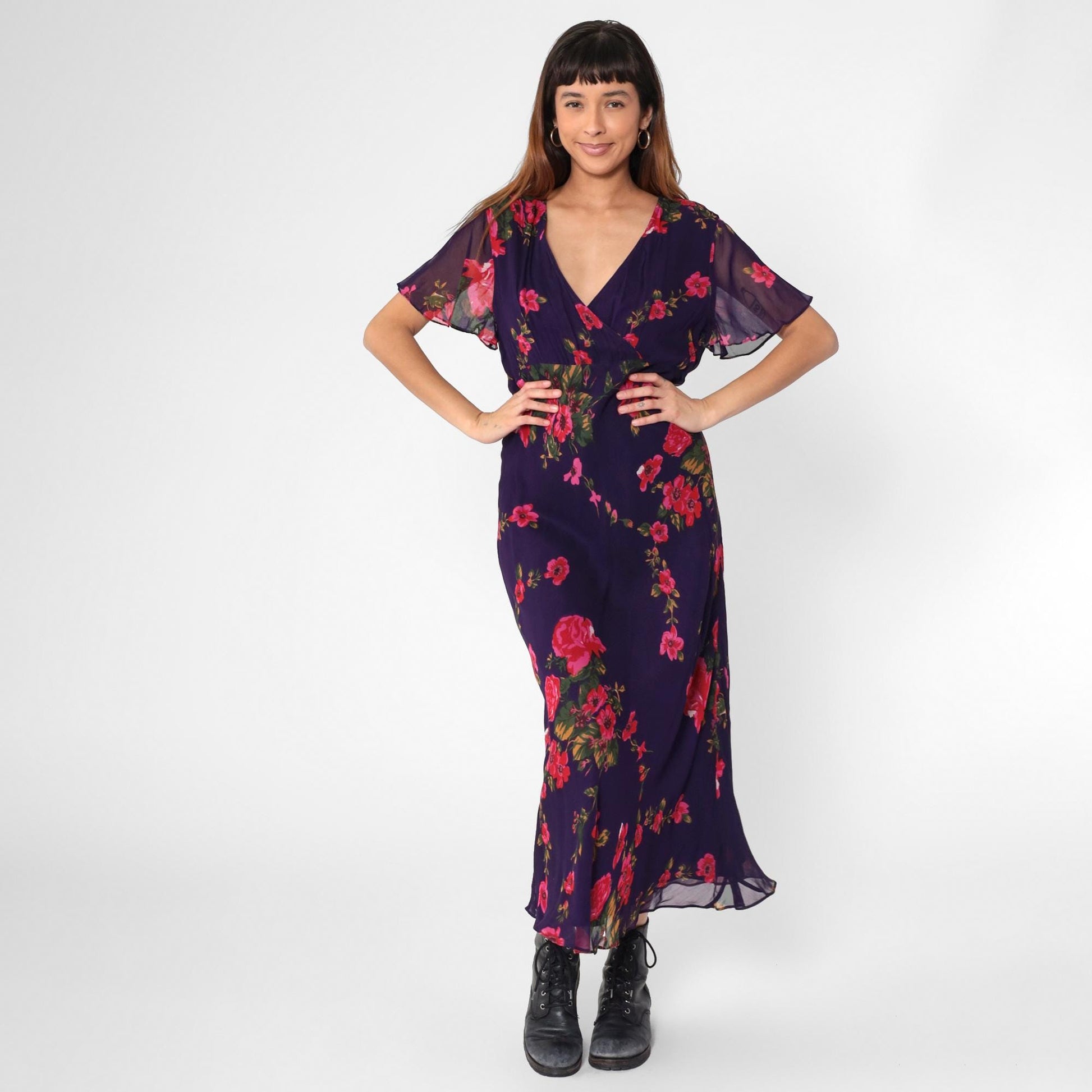 Y2K Purple Floral Chiffon Maxi Dress Flutter Sleeve High Waist V Neck Large L