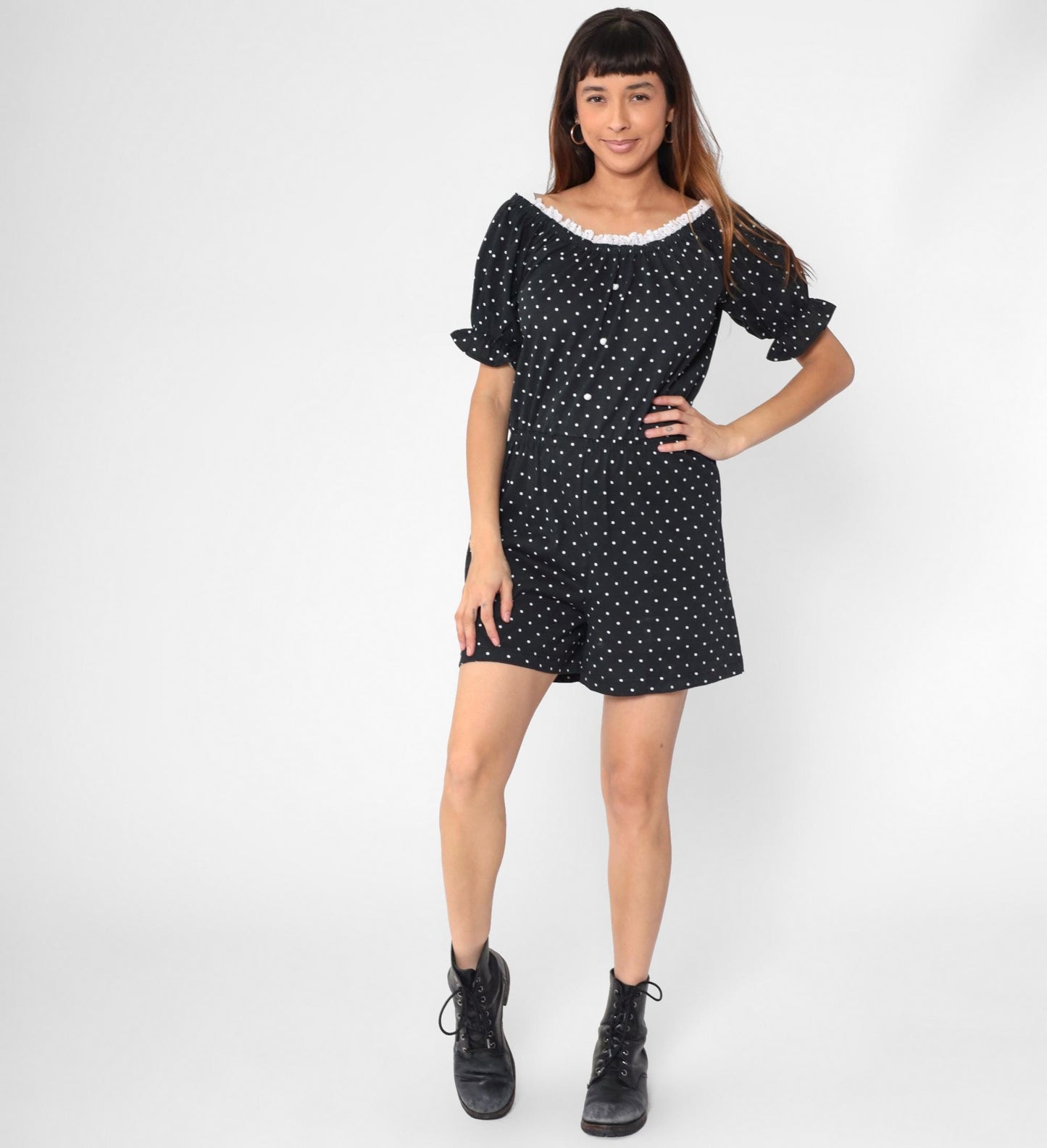 80s Black White Polka Dot Romper Eyelet Lace Puff Sleeve Playsuit Small