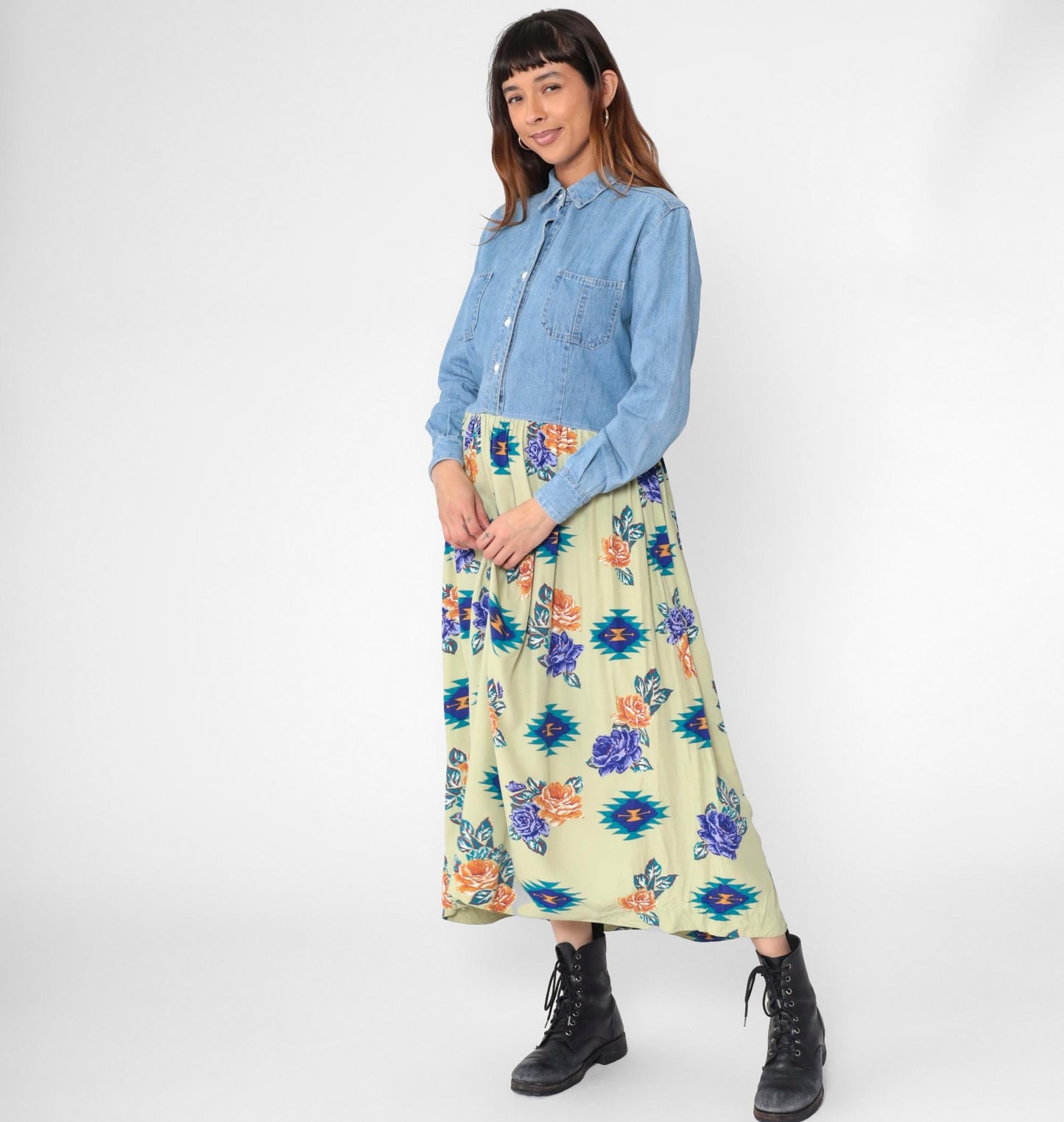 90s Floral Denim Maxi Dress Blue Chambray Southwest Button-Up Small
