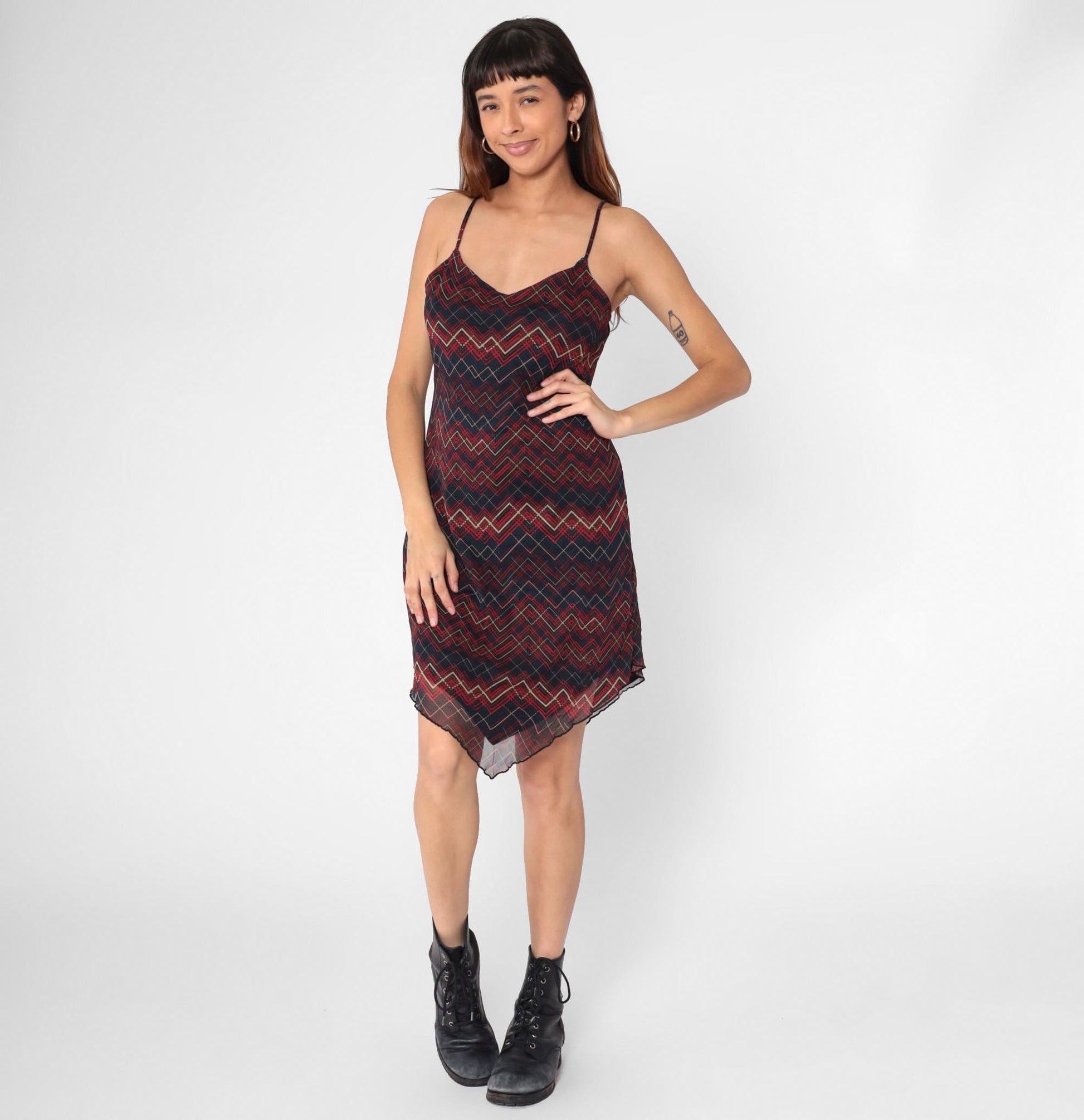 Y2K Xhiliration Zig Zag Striped Mesh Mini Dress Sweetheart Hanky Hem Large L