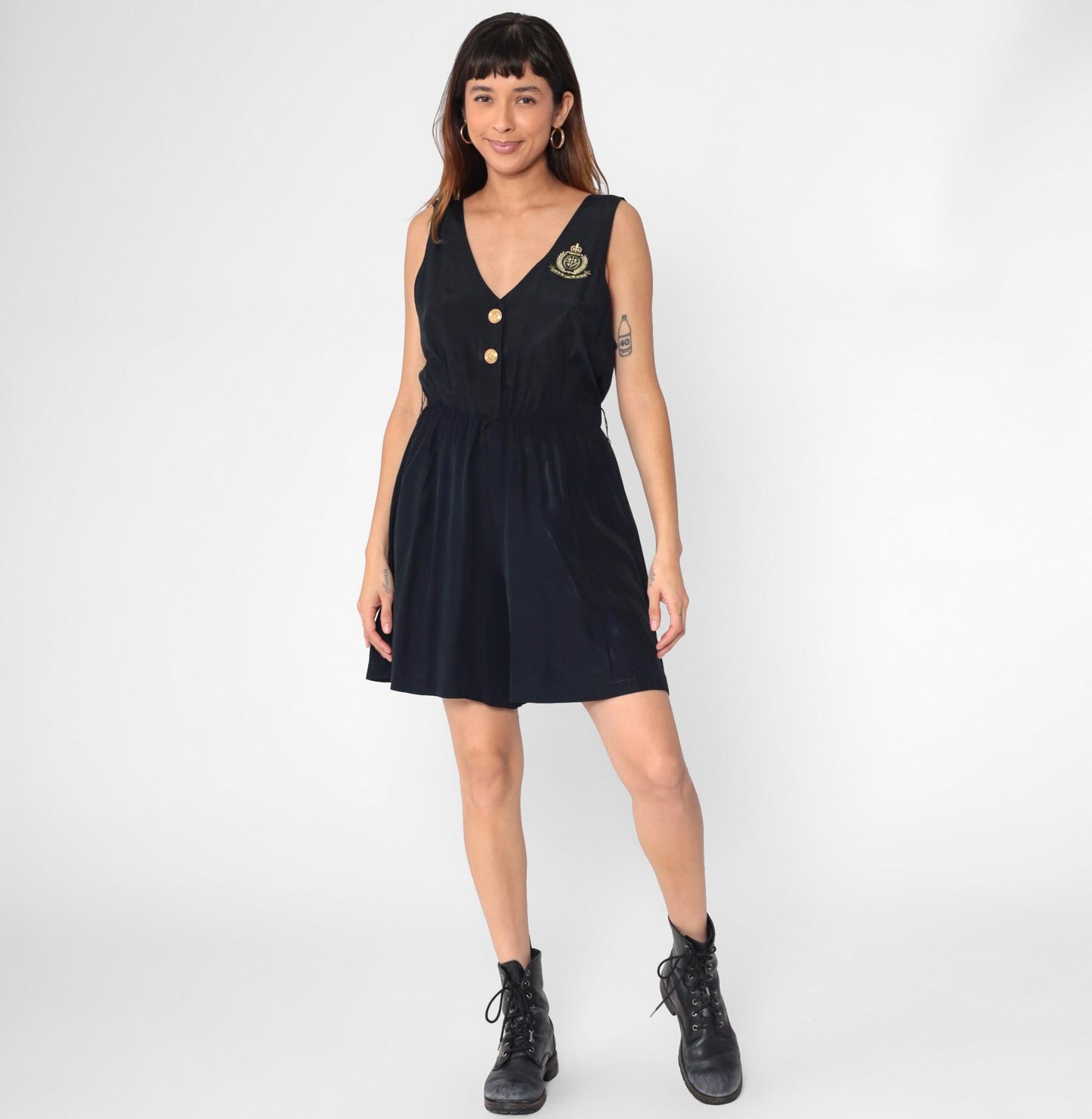 90s Nautical Crest Black Sleeveless Romper Gold Embroidered Deep V Small Medium