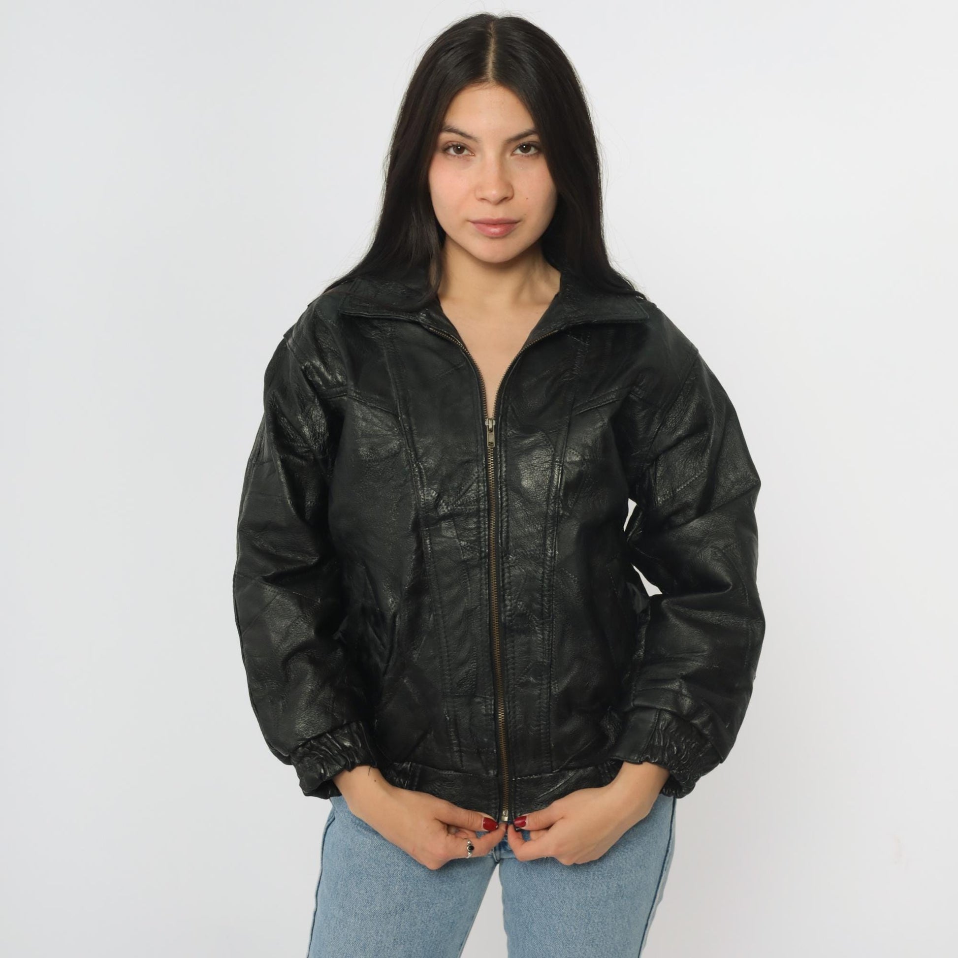 90s Elias de Soto Black Patchwork Leather Bomber Jacket Women's Large