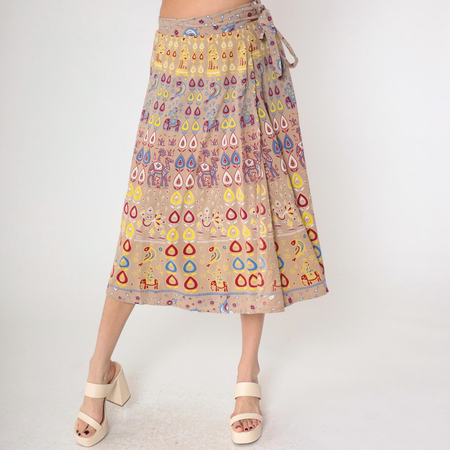 90s Indian Wrap Skirt Camel Floral Print Midi Cotton Small-Large