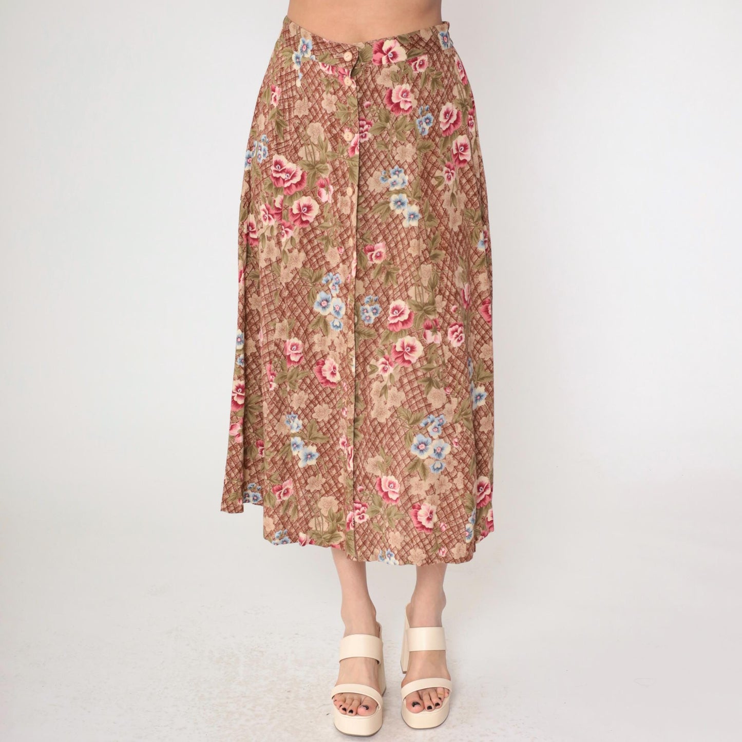 90s Sag Harbor Floral Midi Skirt Brown Checkered Button Front Medium M