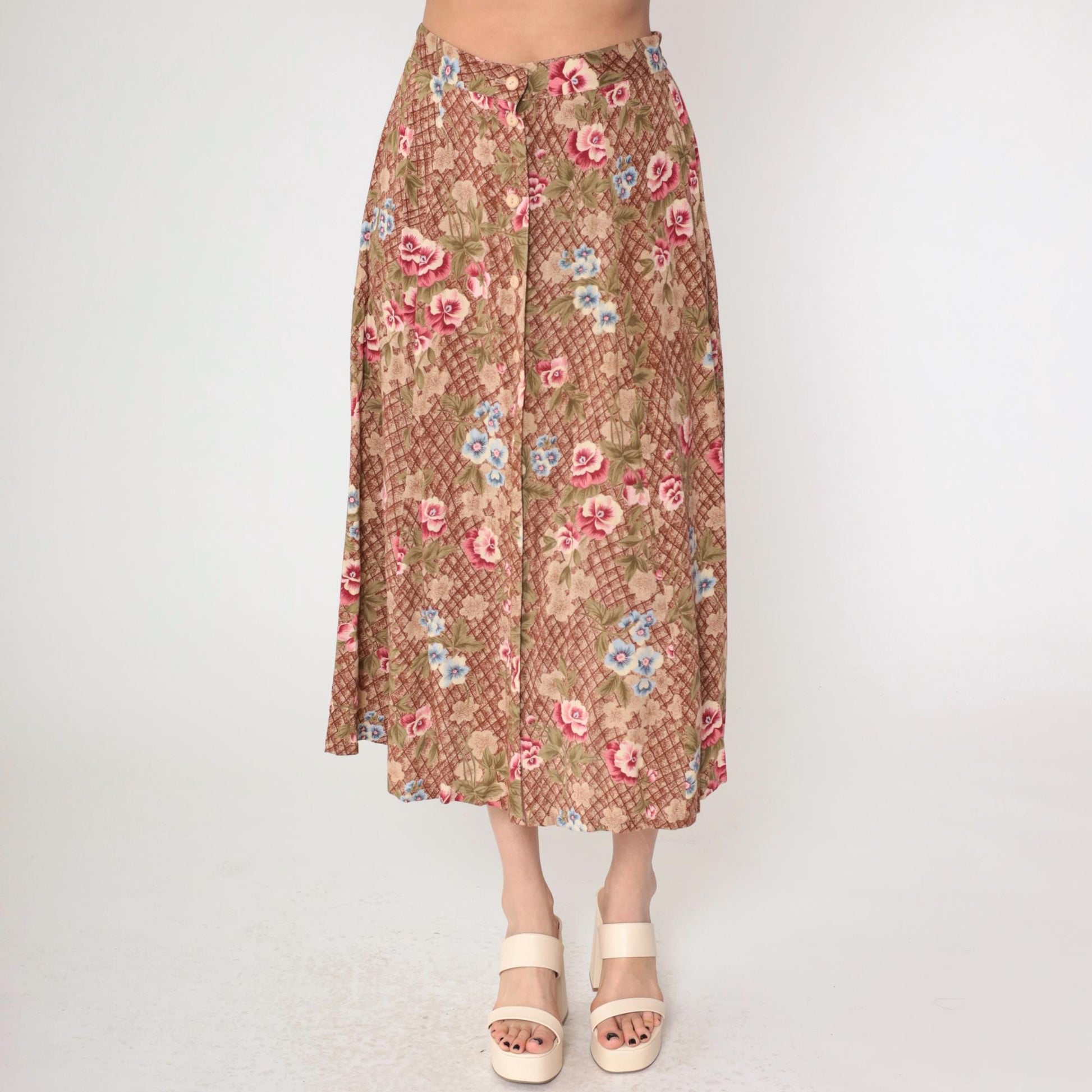 90s Sag Harbor Floral Midi Skirt Brown Checkered Button Front Medium M