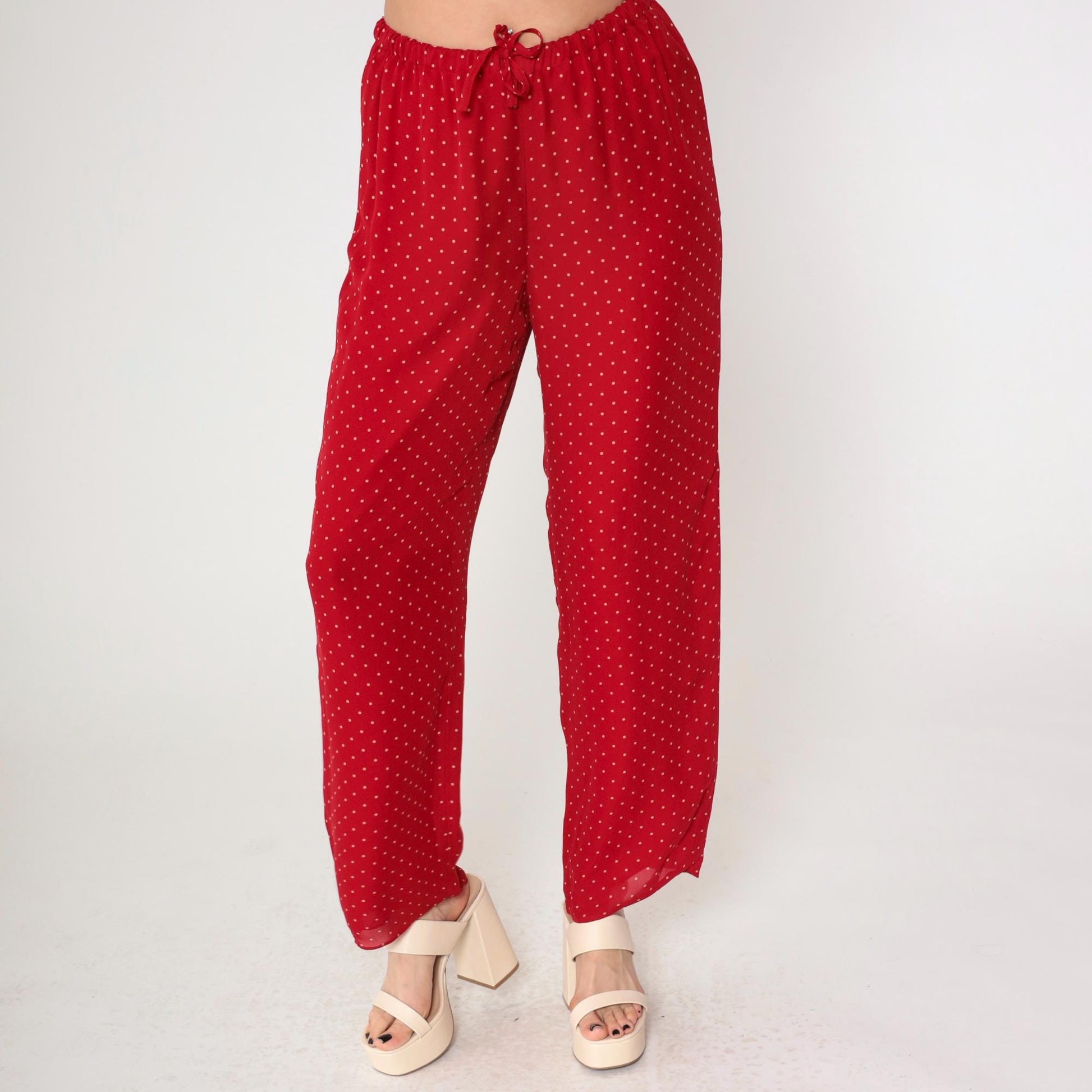 Y2K Ralph Lauren Red Silk Polka Dot Pull-On Trousers Wide Leg Medium M