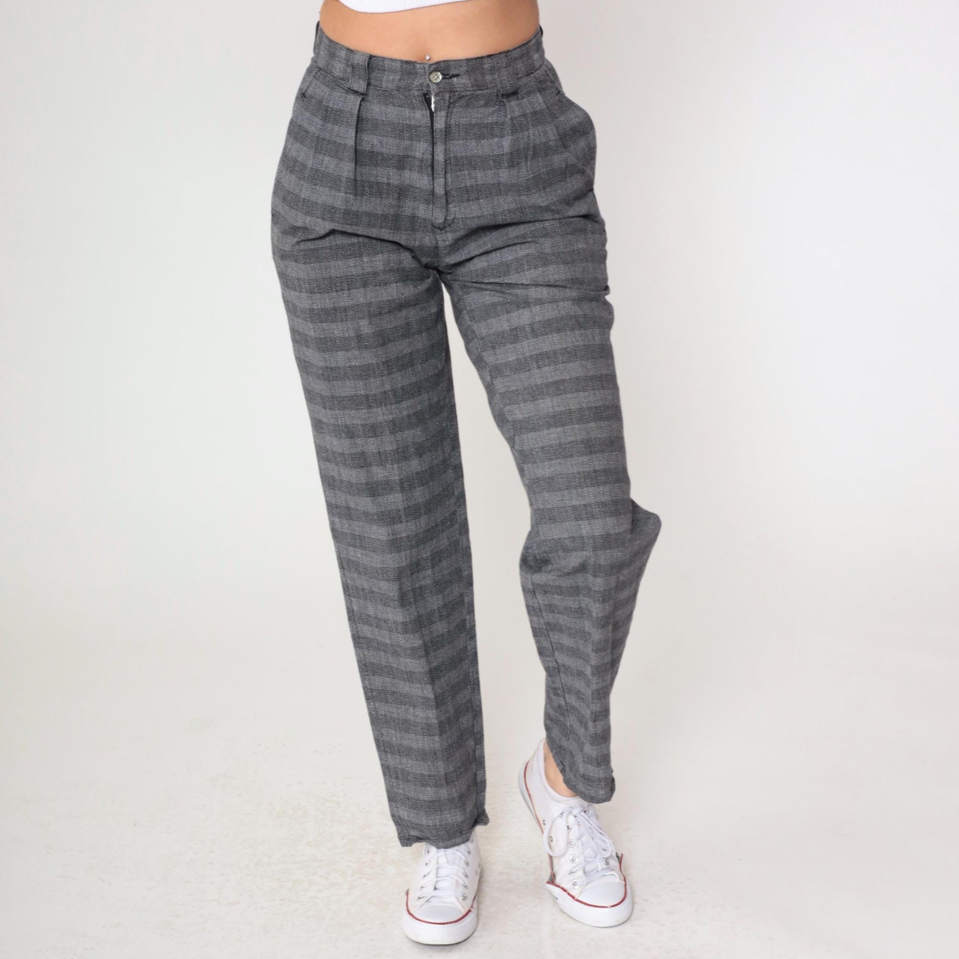 80s Generra Grey Striped Pleated Trousers High Waist Tapered Cotton Small