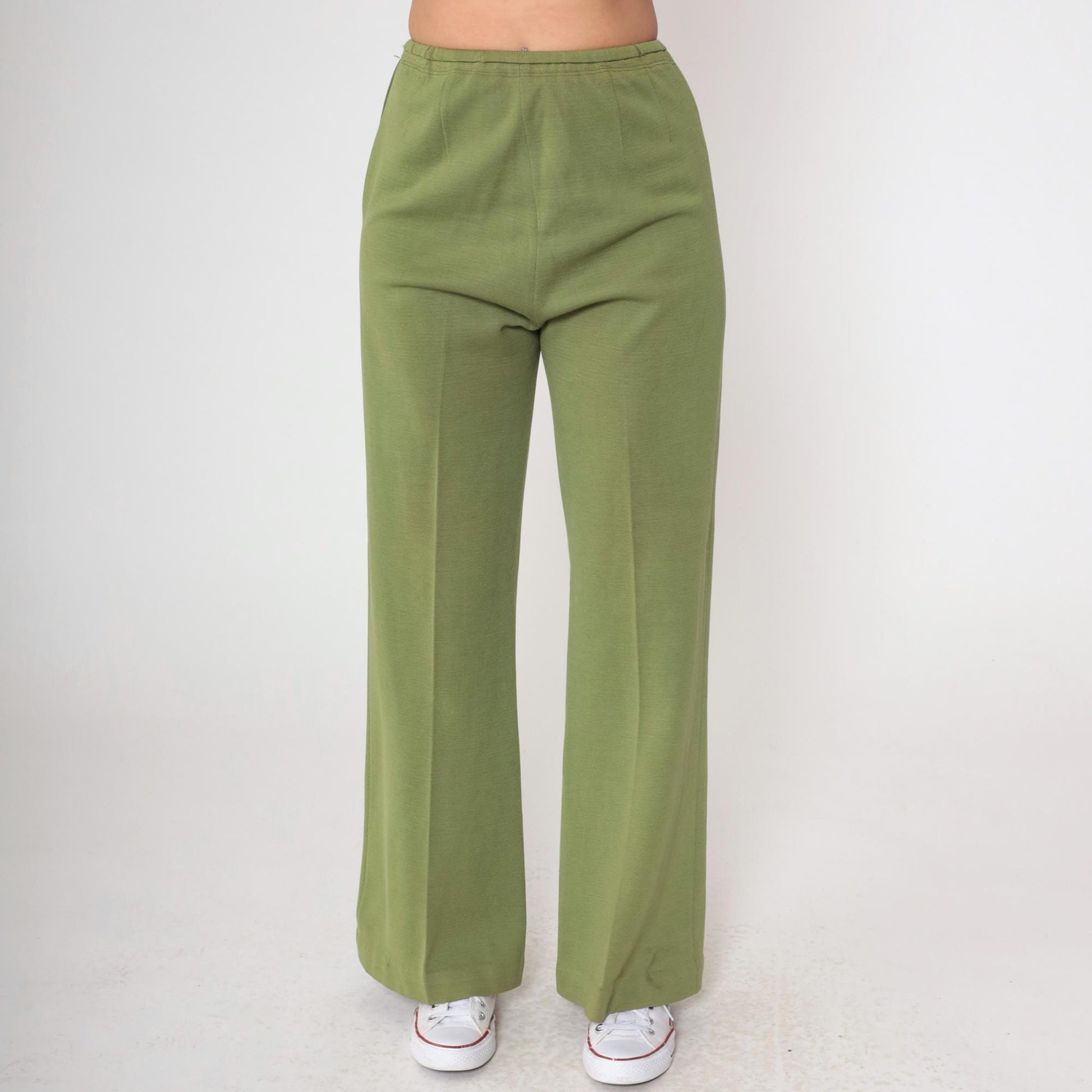 60s Zephyr Wool Flared Trousers Green High Rise Side Zip Small