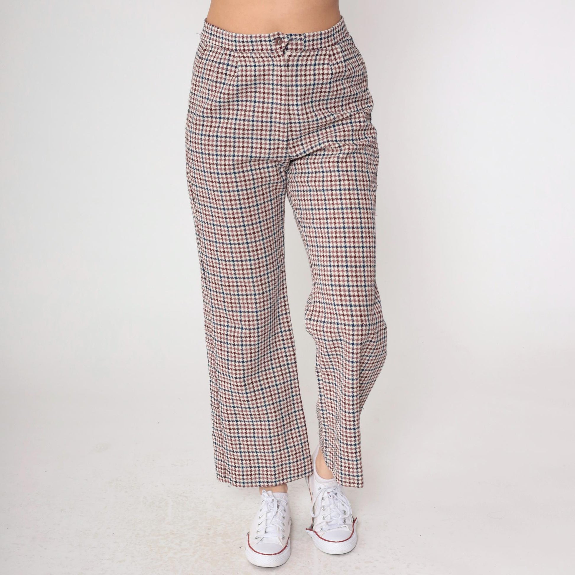 70s Houndstooth Flared Trousers Burgundy Navy High Waisted Bell Bottoms Medium