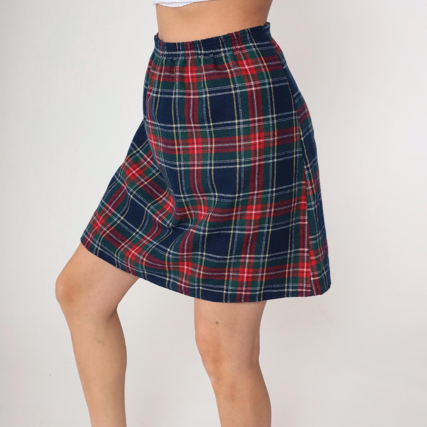 80s Plaid Mini Skirt Navy Red Green Elastic Waist Straight Pencil Medium