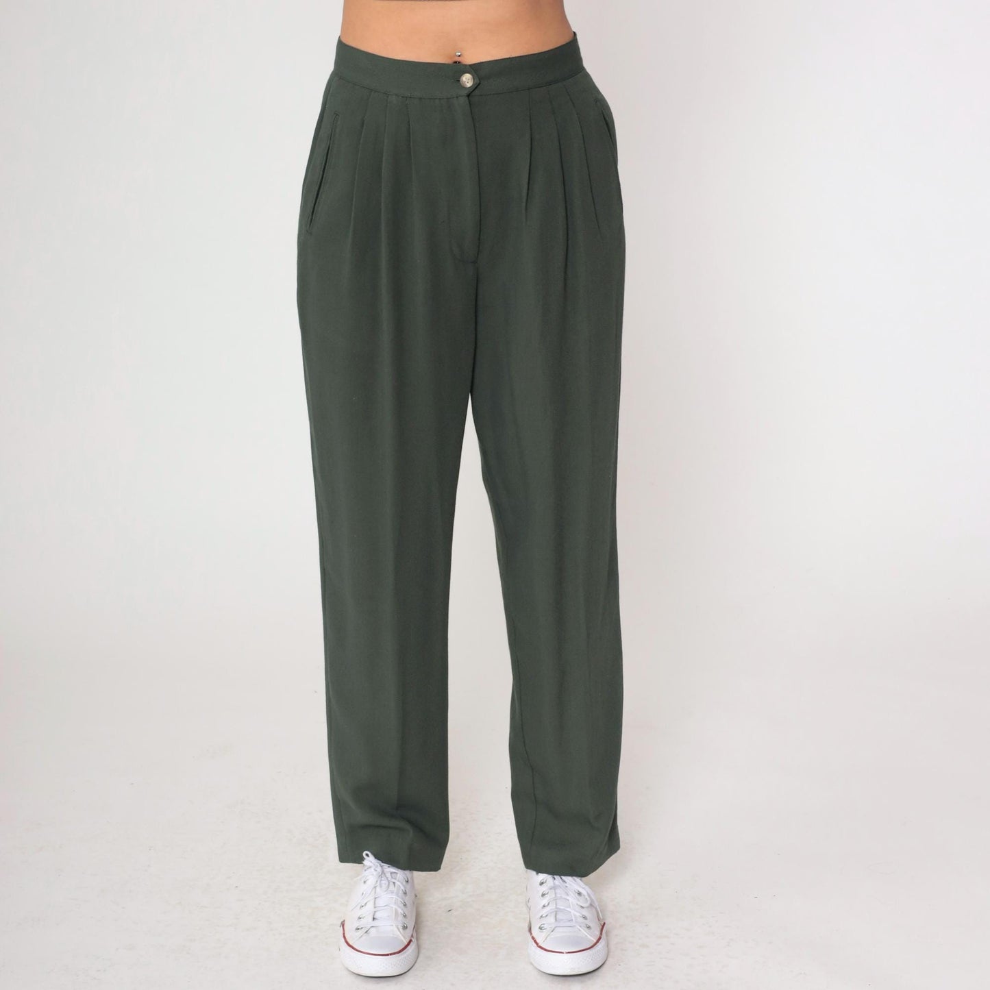 Y2K Dark Green Pleated High-Waist Trousers Straight Leg Medium