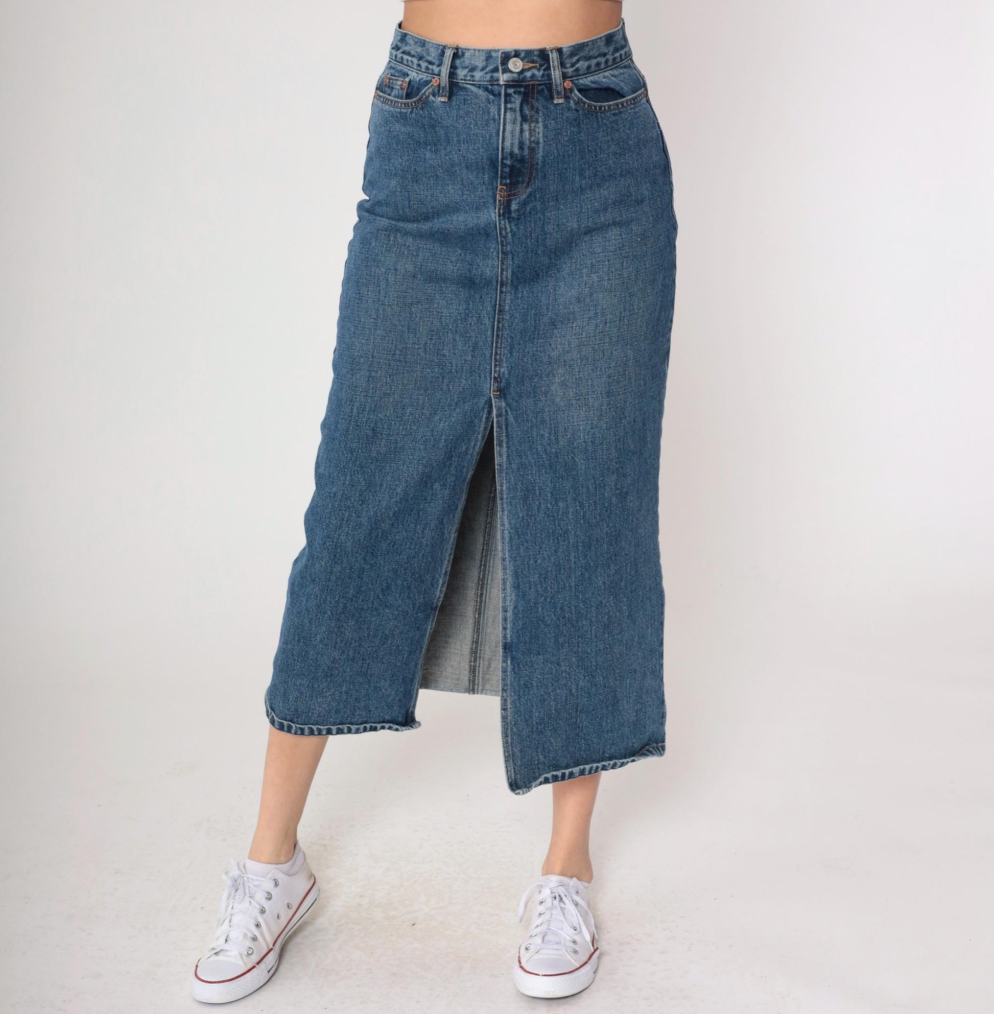 Y2K Gap Denim Midi Skirt High Front Slit Blue Jean Small 4