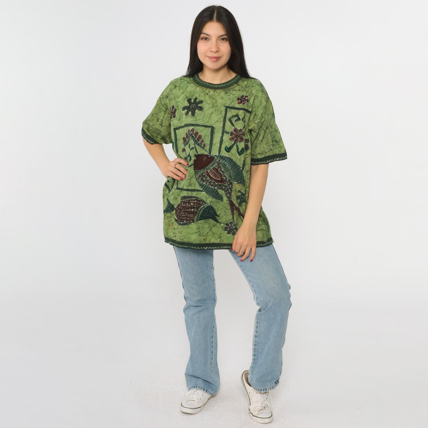 Y2K Batik Fish Graphic T-Shirt Green Floral Crewneck Medium Large