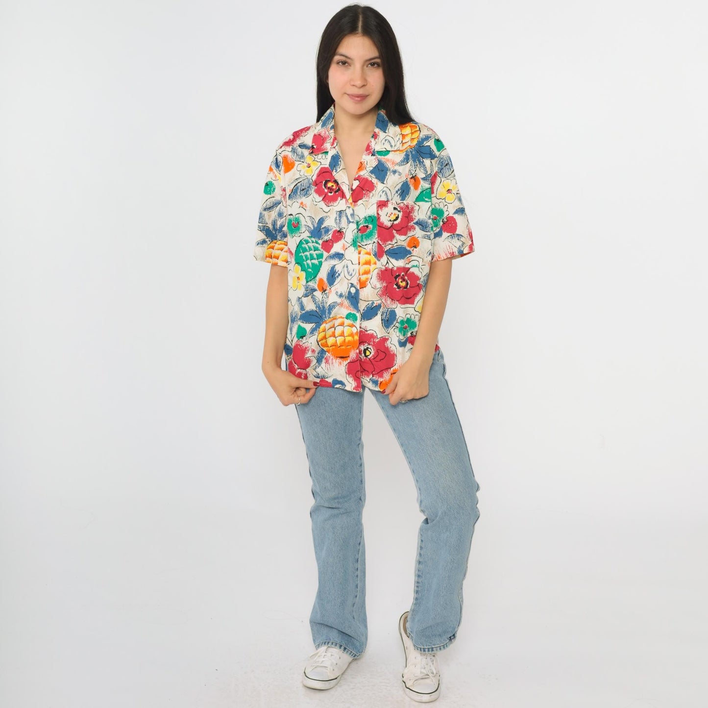 90s Pineapple Floral Print Button Up Blouse Short Sleeve White Red Medium M