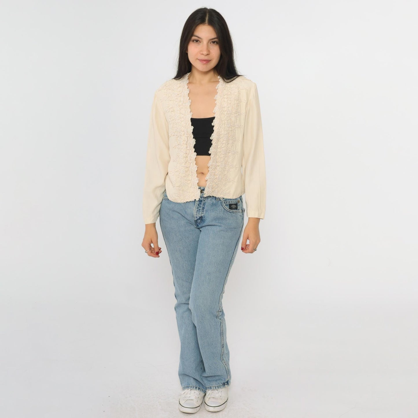 90s Wild Rose Cream Cardigan Floral Embroidered Lace Trim Long Sleeve Medium