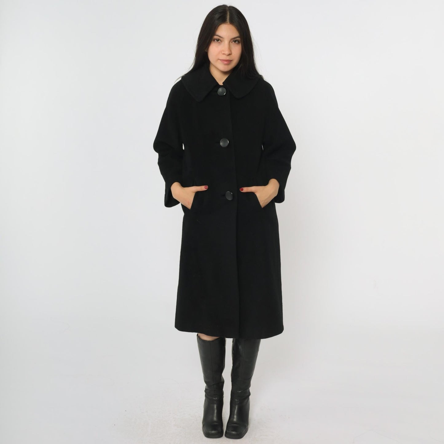 1950s Couture Americana Black Cashmere Swing Coat Midi Small Medium