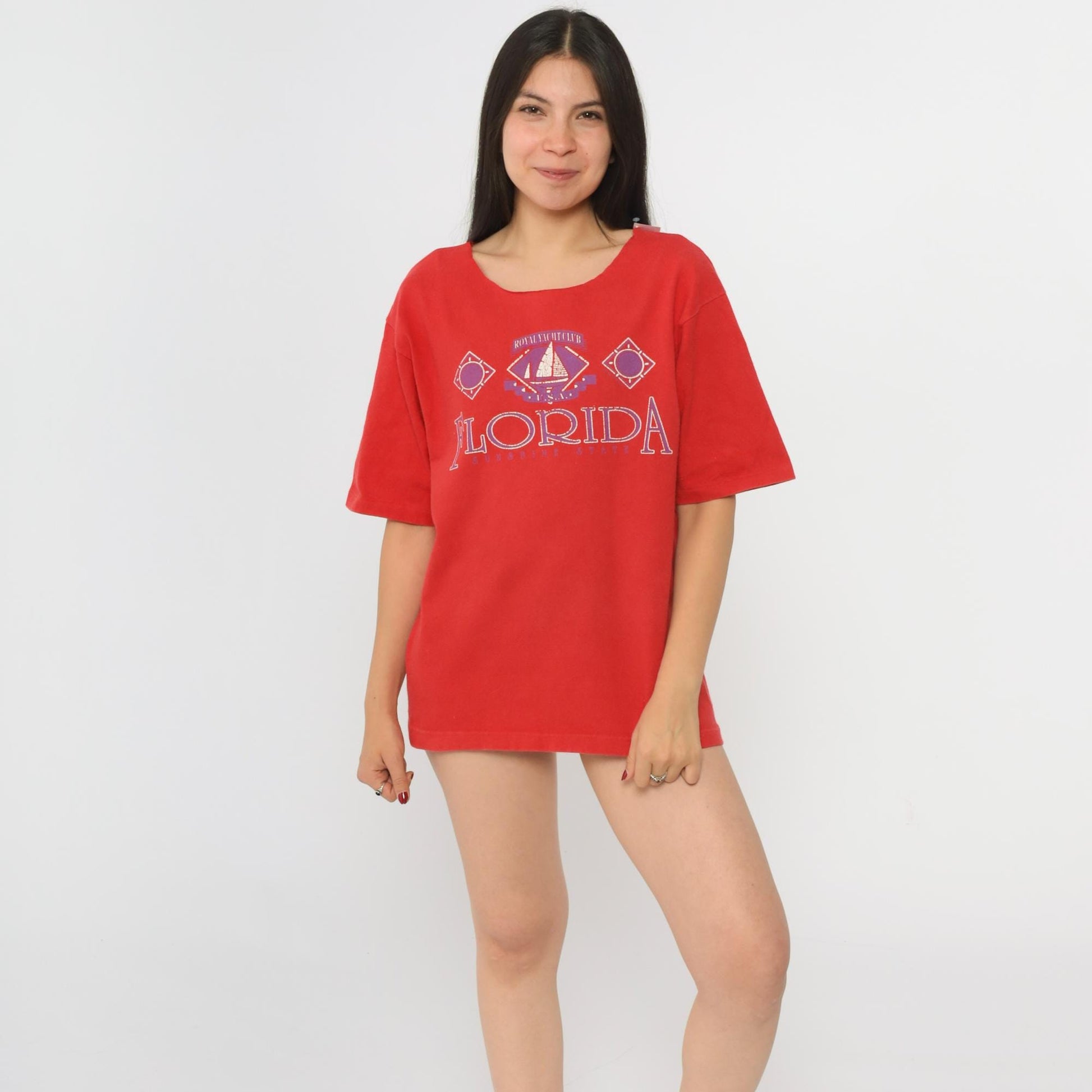 90s Florida Yacht Club Graphic Tee Red Cutoff Neckline Small S