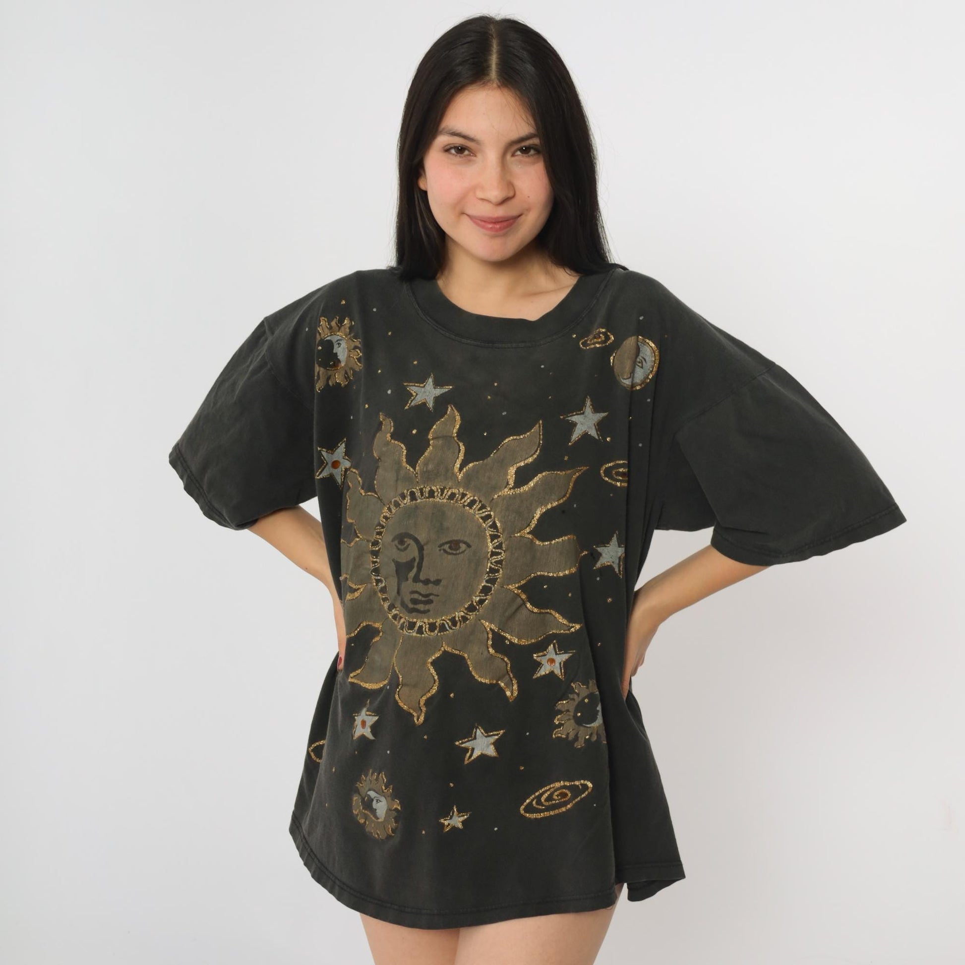 90s Celestial Sun Moon Graphic T-Shirt Metallic Gold Silver Beaded One Size