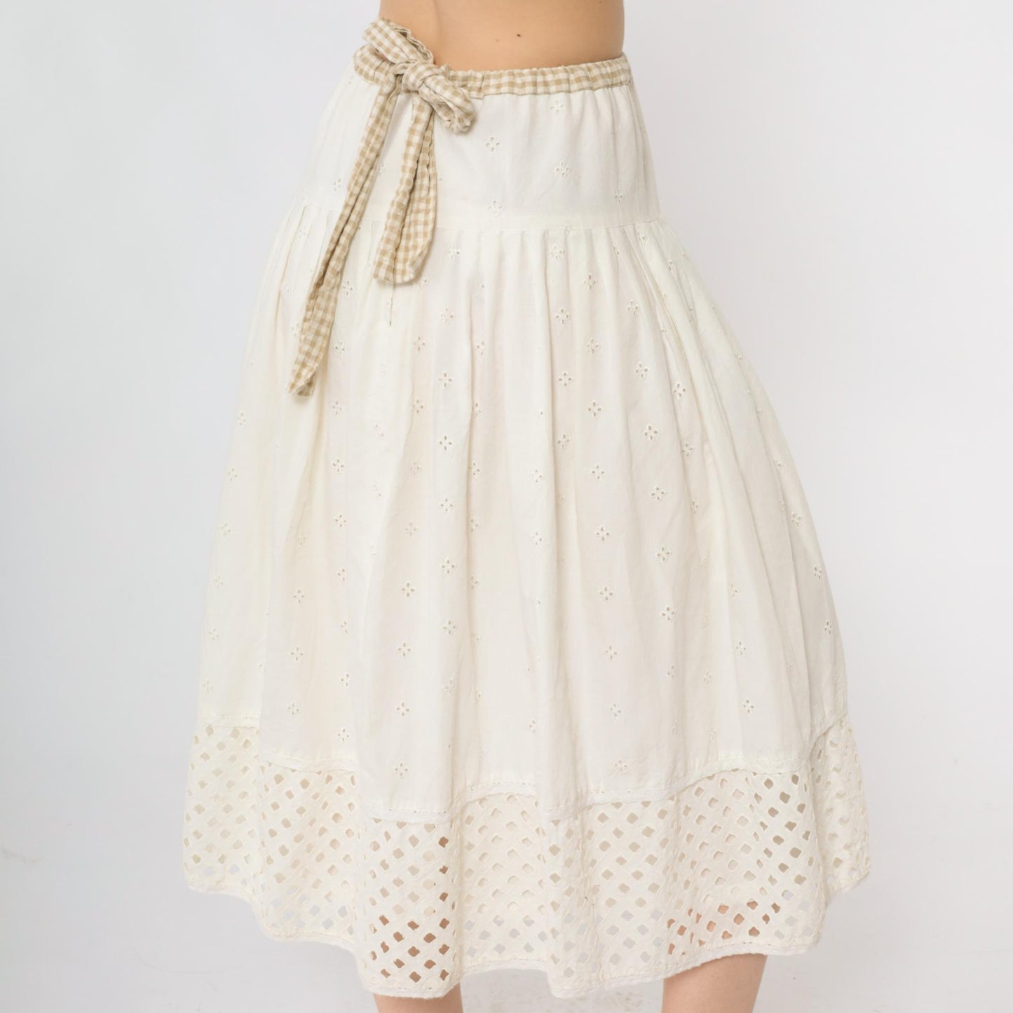 00s White Eyelet Peasant Midi Skirt Embroidered A-Line Tiered Small