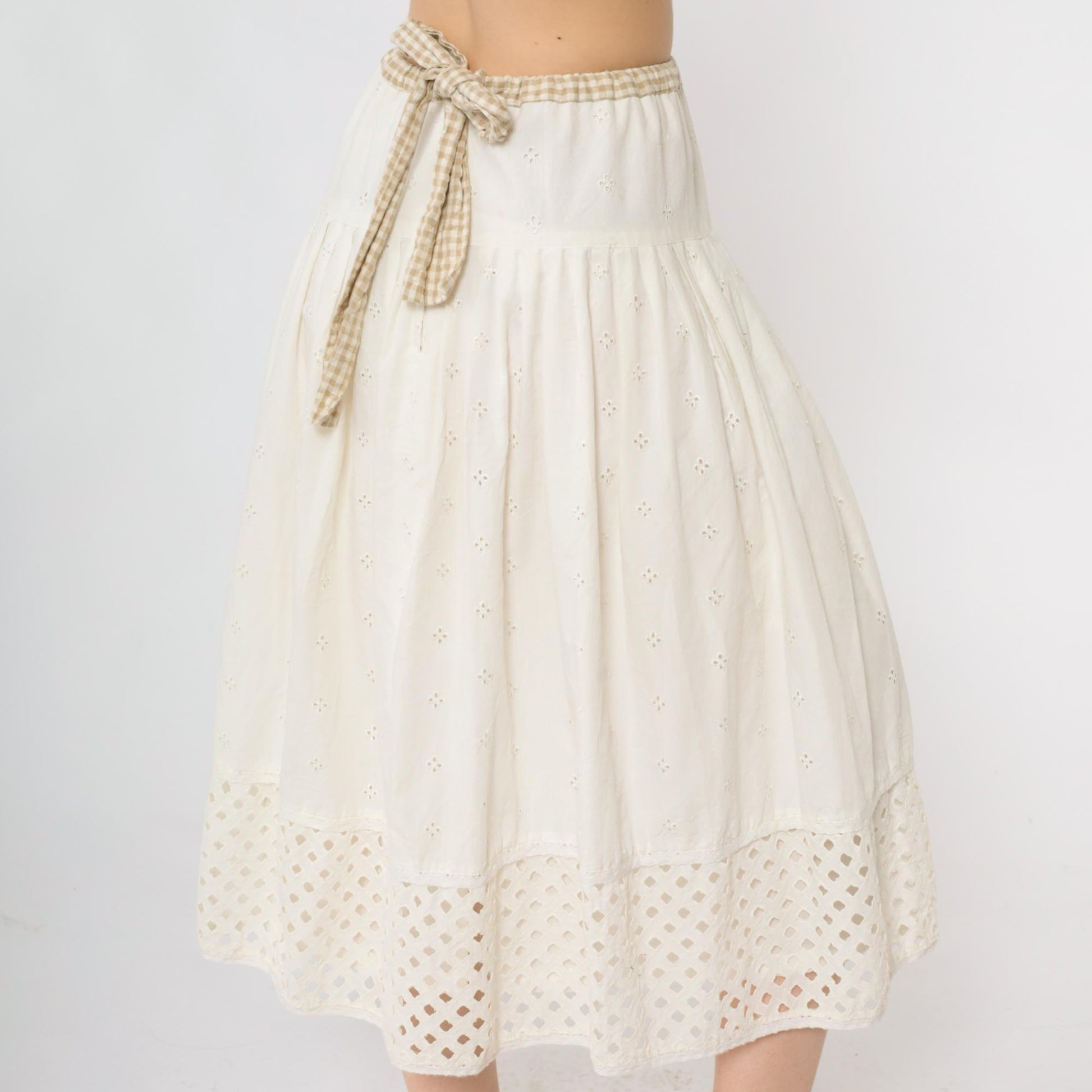 00s White Eyelet Peasant Midi Skirt Embroidered A-Line Tiered Small