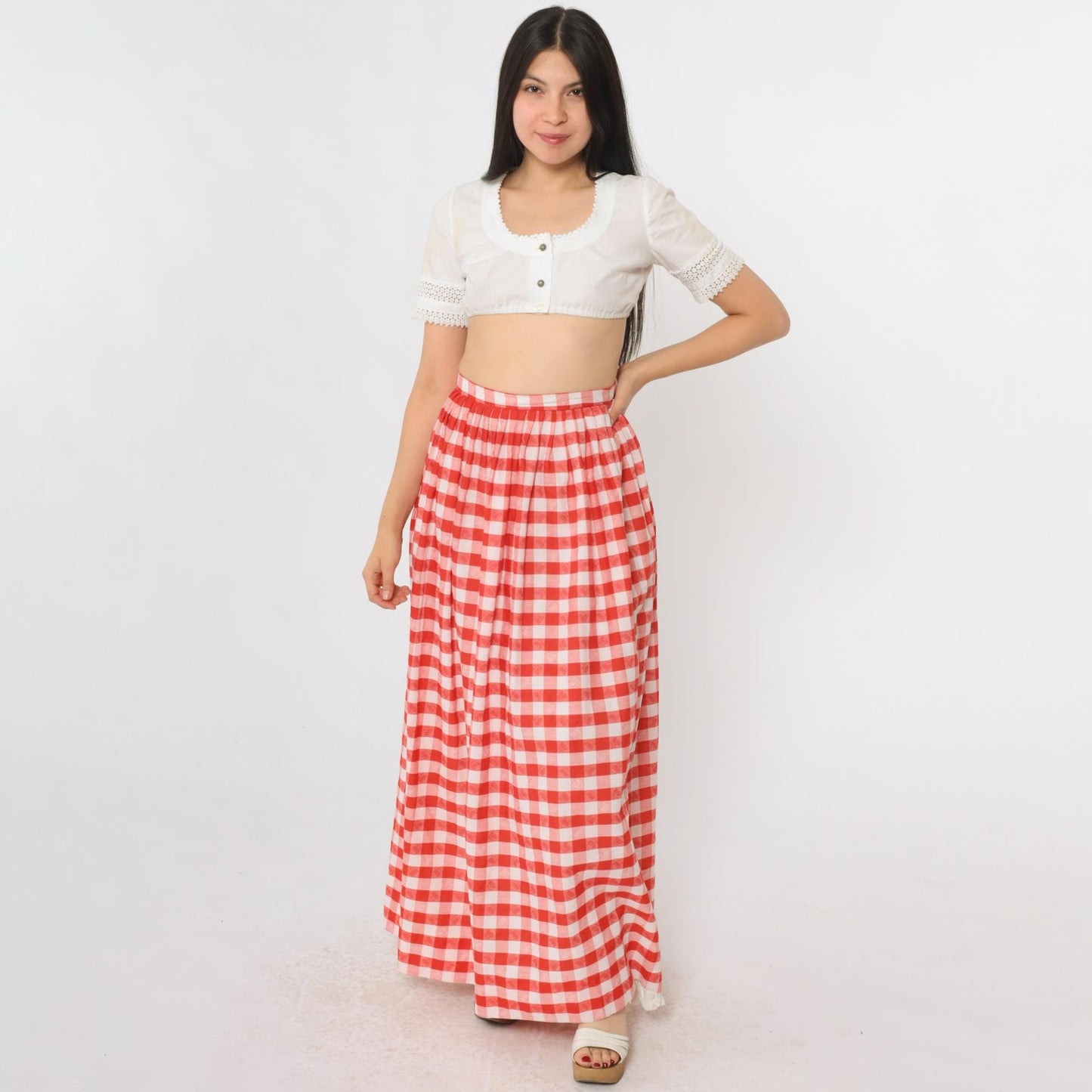 70s Red Gingham Maxi Skirt High Waist Lace Trim White Checkered Medium