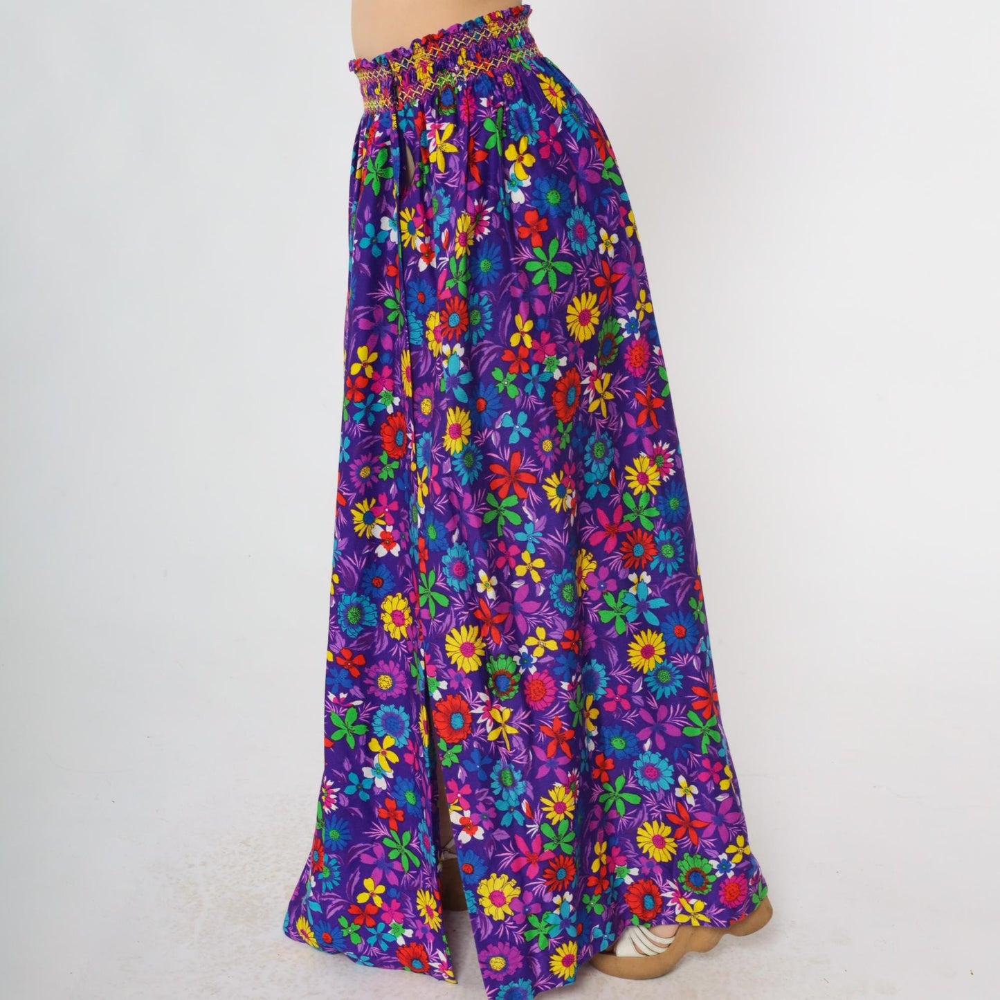 70s Rainbow Floral Maxi Skirt Purple High Slit Smocked Waist Small