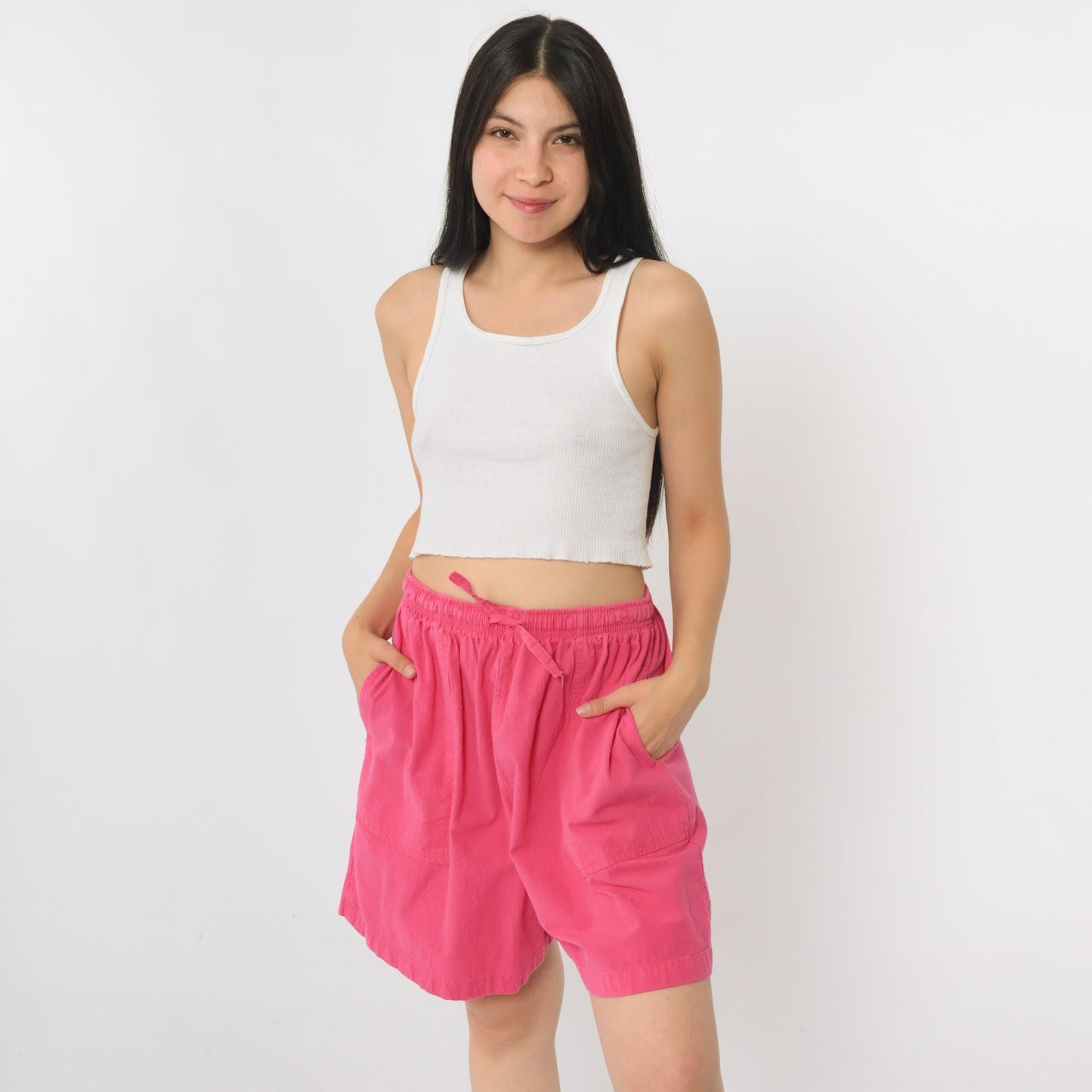 90s Bright Pink Elastic Waist Shorts Cotton High Rise Medium Large