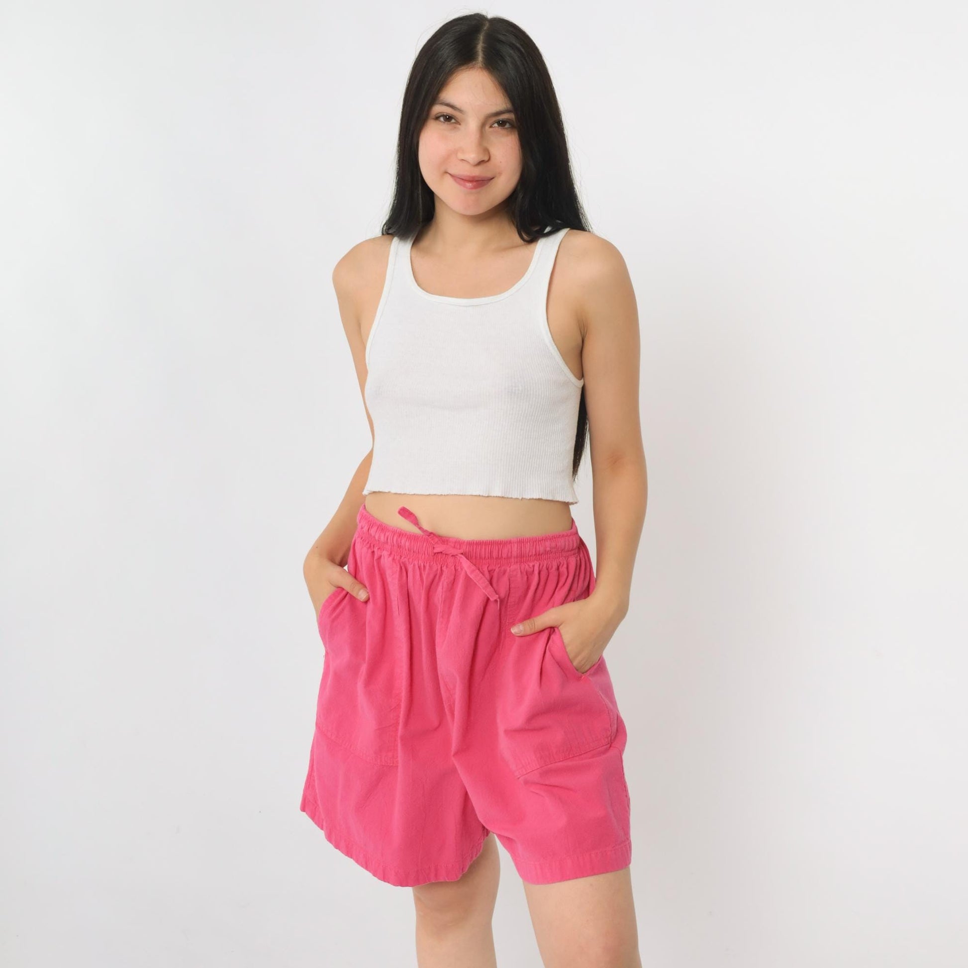 90s Bright Pink Elastic Waist Shorts Cotton High Rise Medium Large