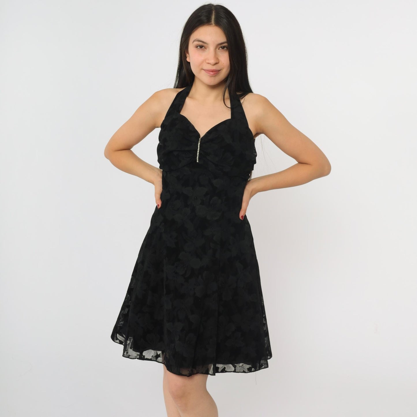 90s Zum Zum Black Halter Mini Dress Floral Flocked Rhinestone Small