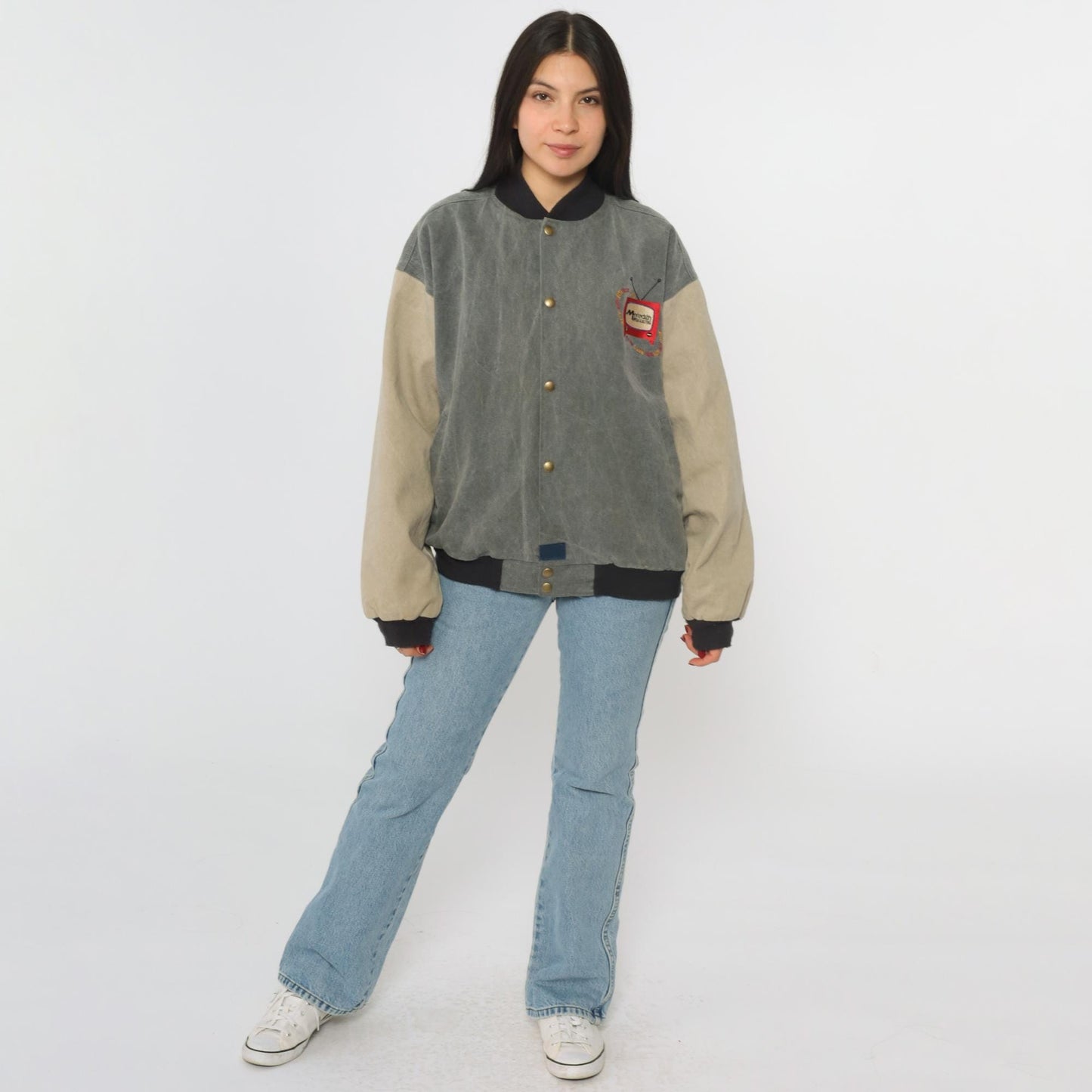 90s Meredith Broadcasting Bomber Jacket Canvas Colorblock Grey Medium