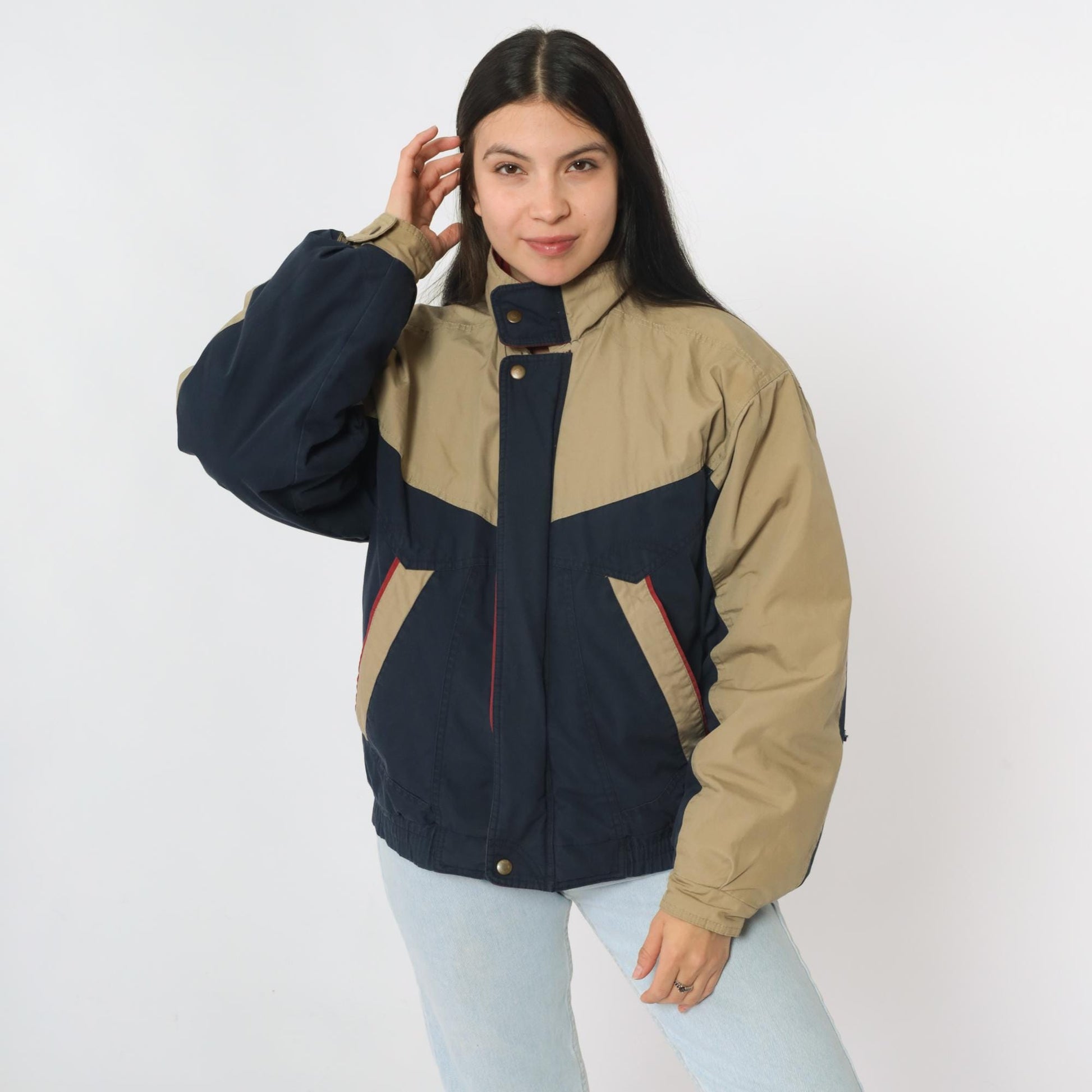 80s McGregor Puffer Jacket Tan Navy Color Block Ski Coat Small S