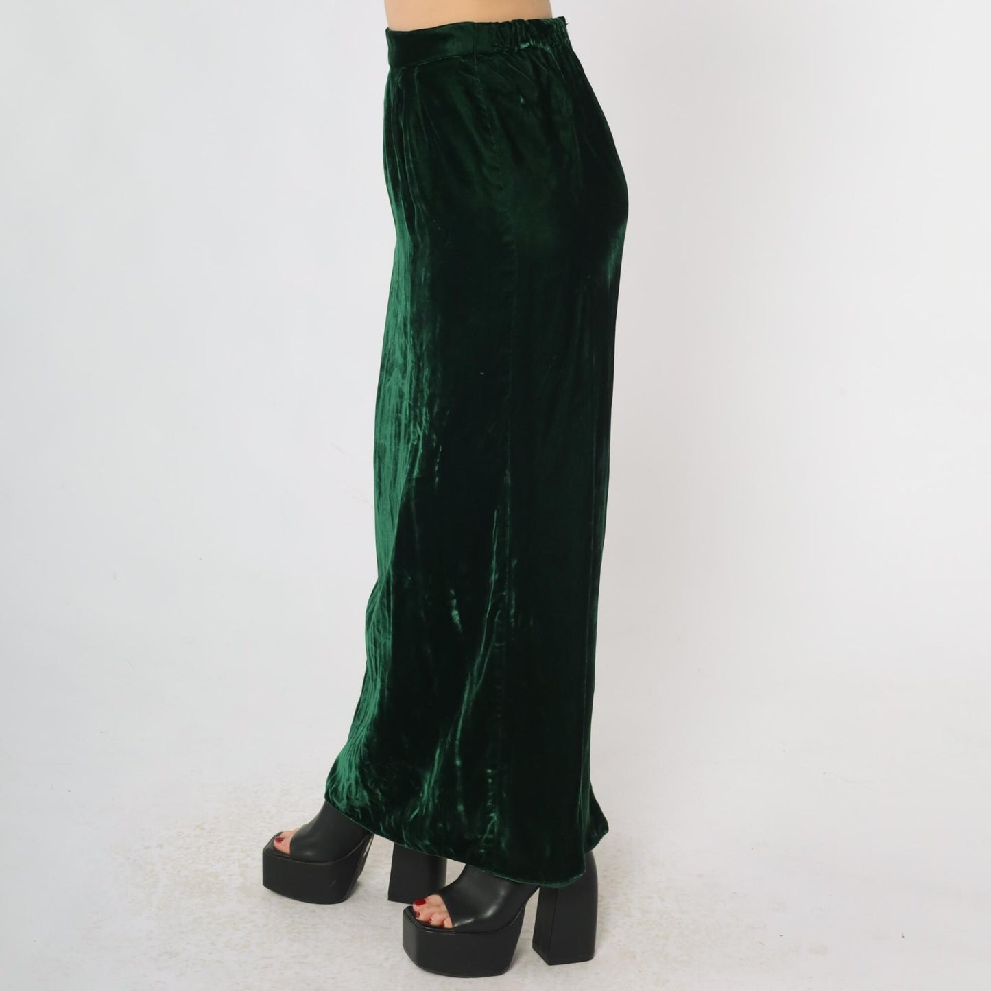 80s Green Velvet Maxi Skirt High Waist Ankle Length Small S