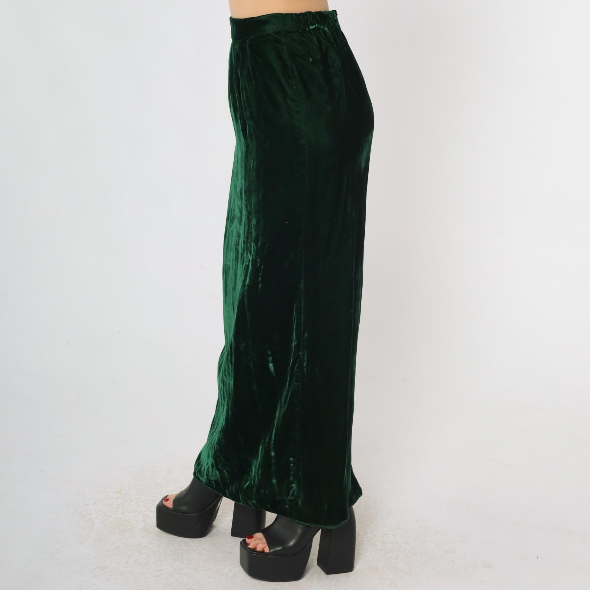 80s Green Velvet Maxi Skirt High Waist Ankle Length Small S