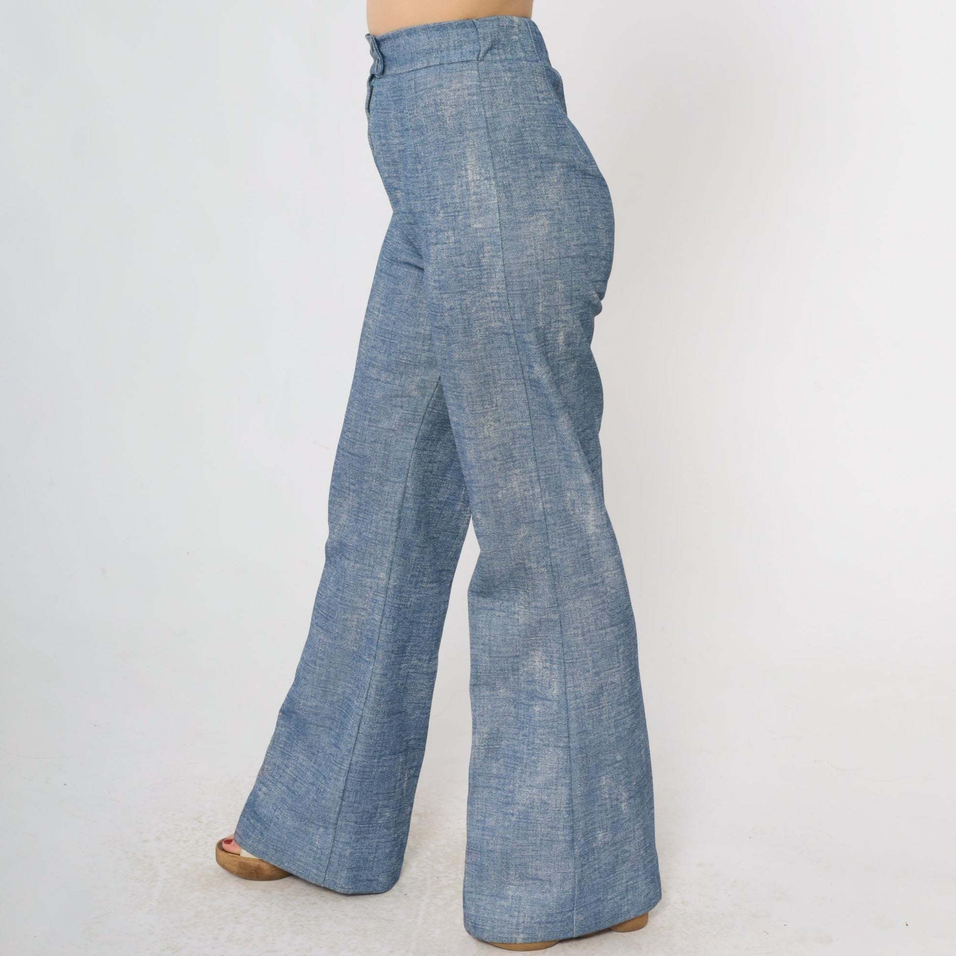 70s Blue Faux Denim Bell Bottom Trousers High Rise Elastic Waist Small