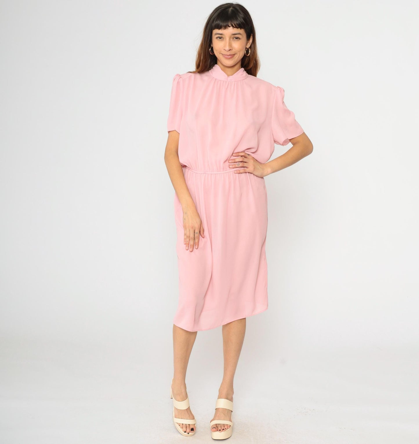 80s Pink Puff Sleeve Midi Dress High Waist Mock Neck Large L