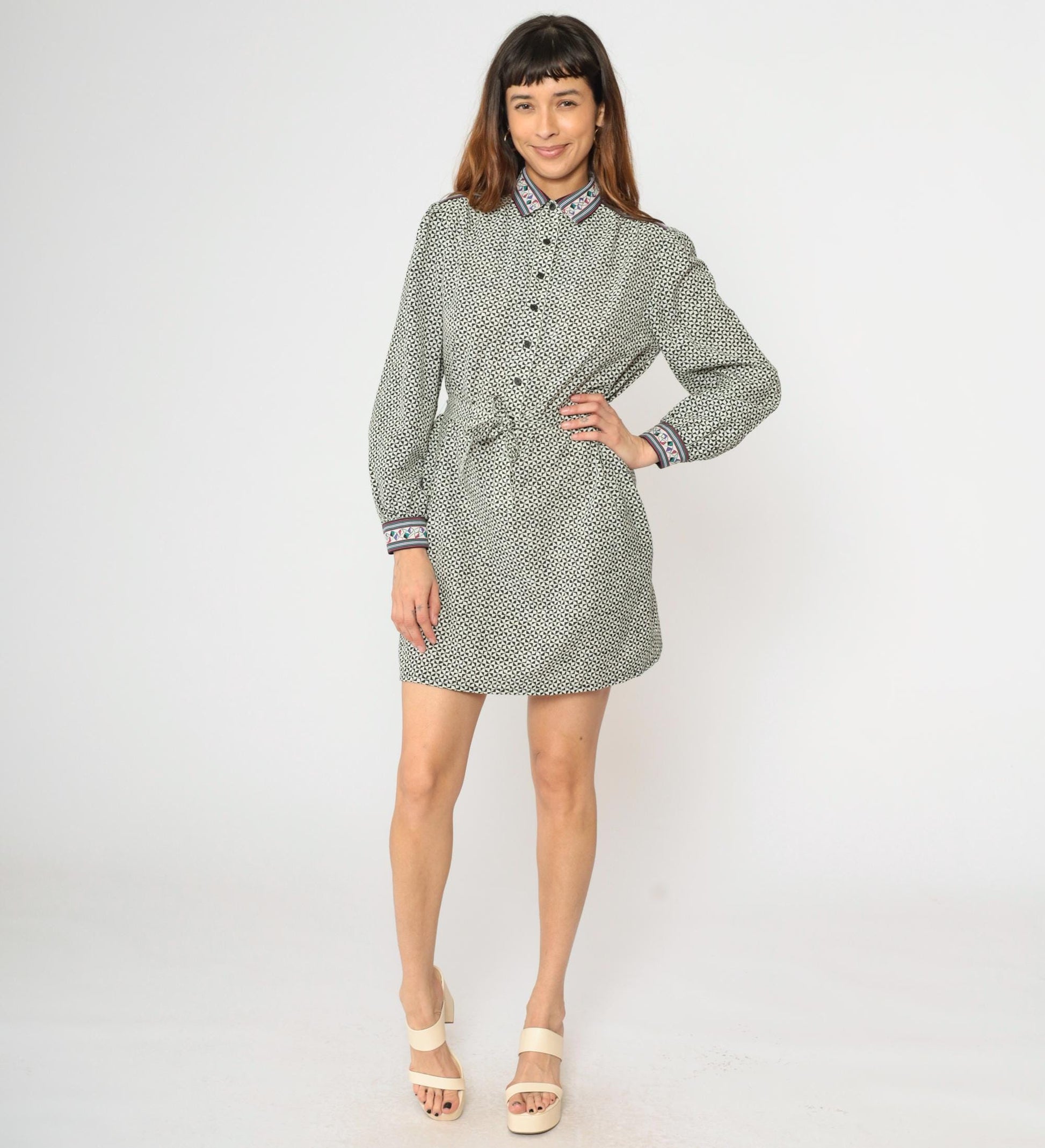 80s Geometric Triangle Tessellation Shirt Dress Black White Mini Medium