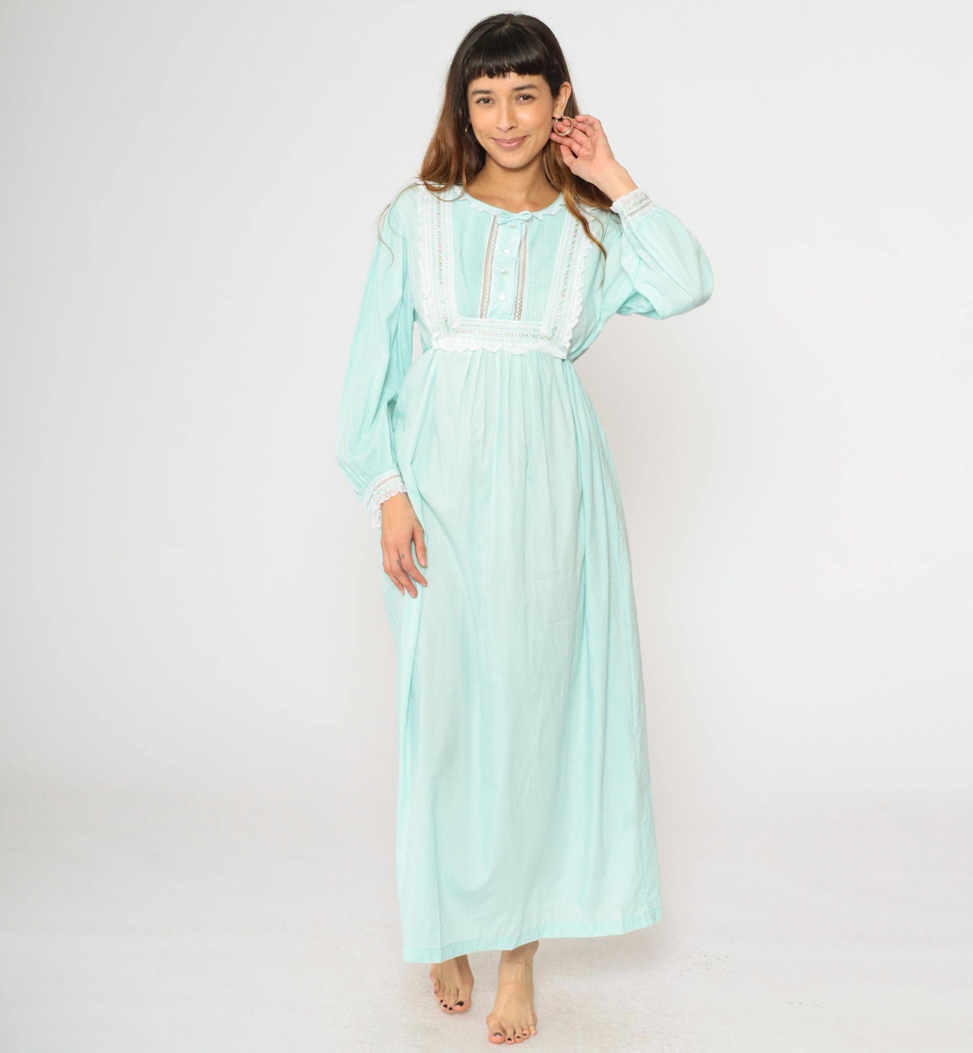 70s Barbizon Mint Blue Featherlite Maxi Nightgown Empire Waist Lace Medium