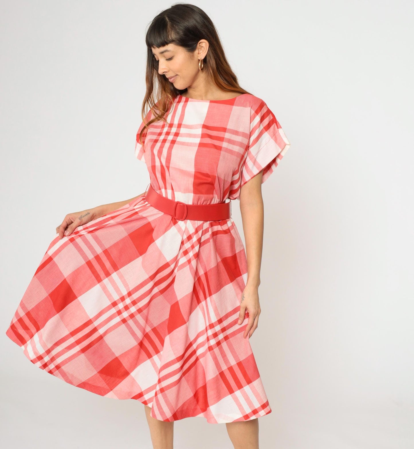 80s Red Plaid Midi Dress High Waisted Belted Cap Sleeve Medium M