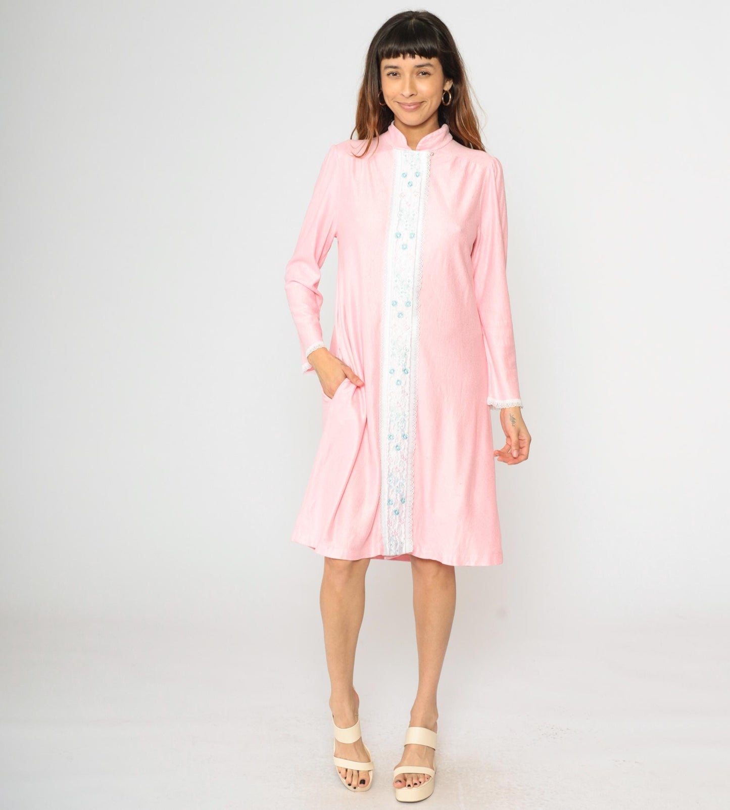 80s Baby Pink Floral Embroidered Nightgown Midi Lace Puff Sleeve Medium M