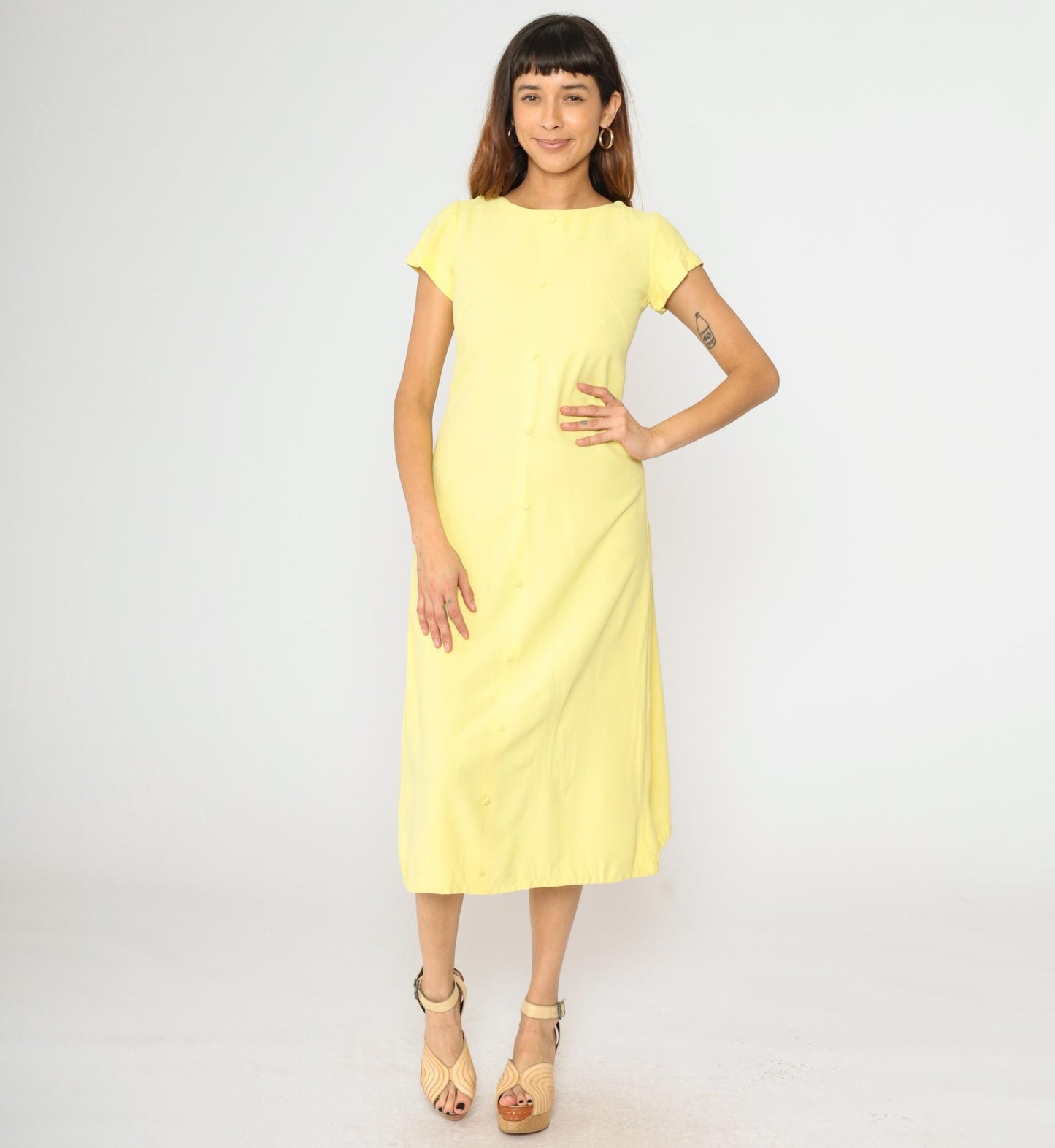 60s Light Yellow A-Line Midi Dress Short Sleeve Decorative Buttons Small