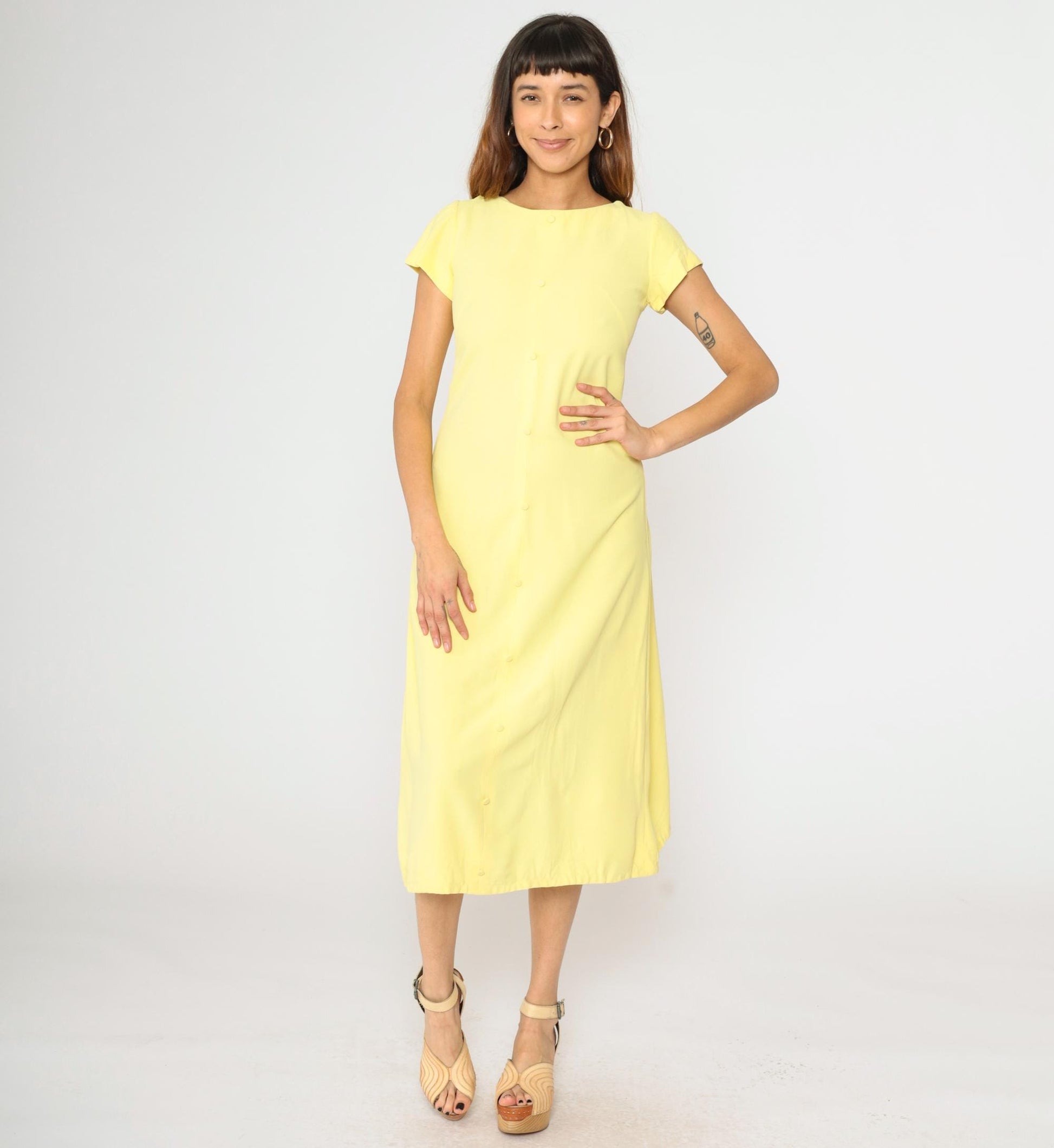 60s Light Yellow A-Line Midi Dress Short Sleeve Decorative Buttons Small