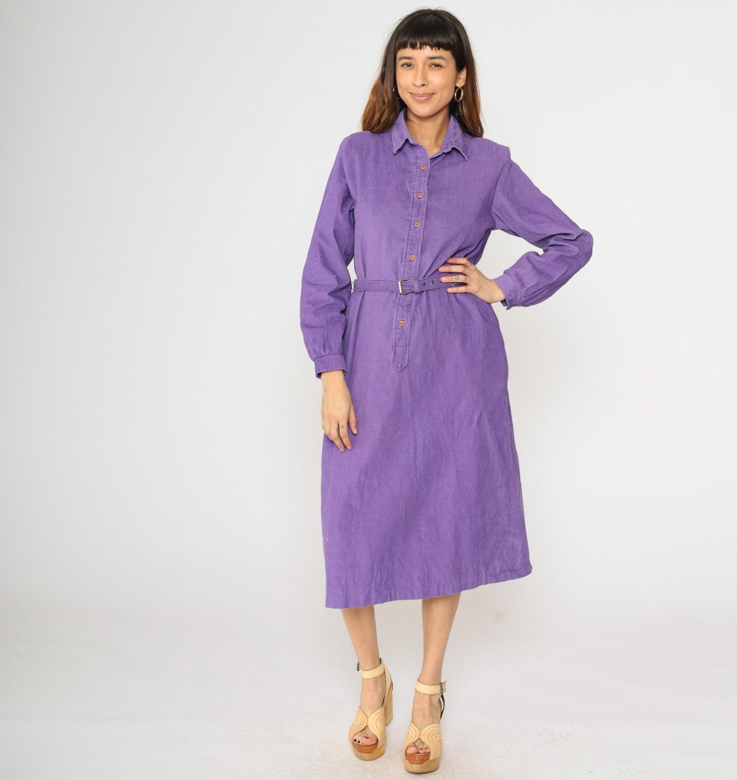 90s Purple Corduroy Midi Dress High Waisted Button Up Long Sleeve Medium M