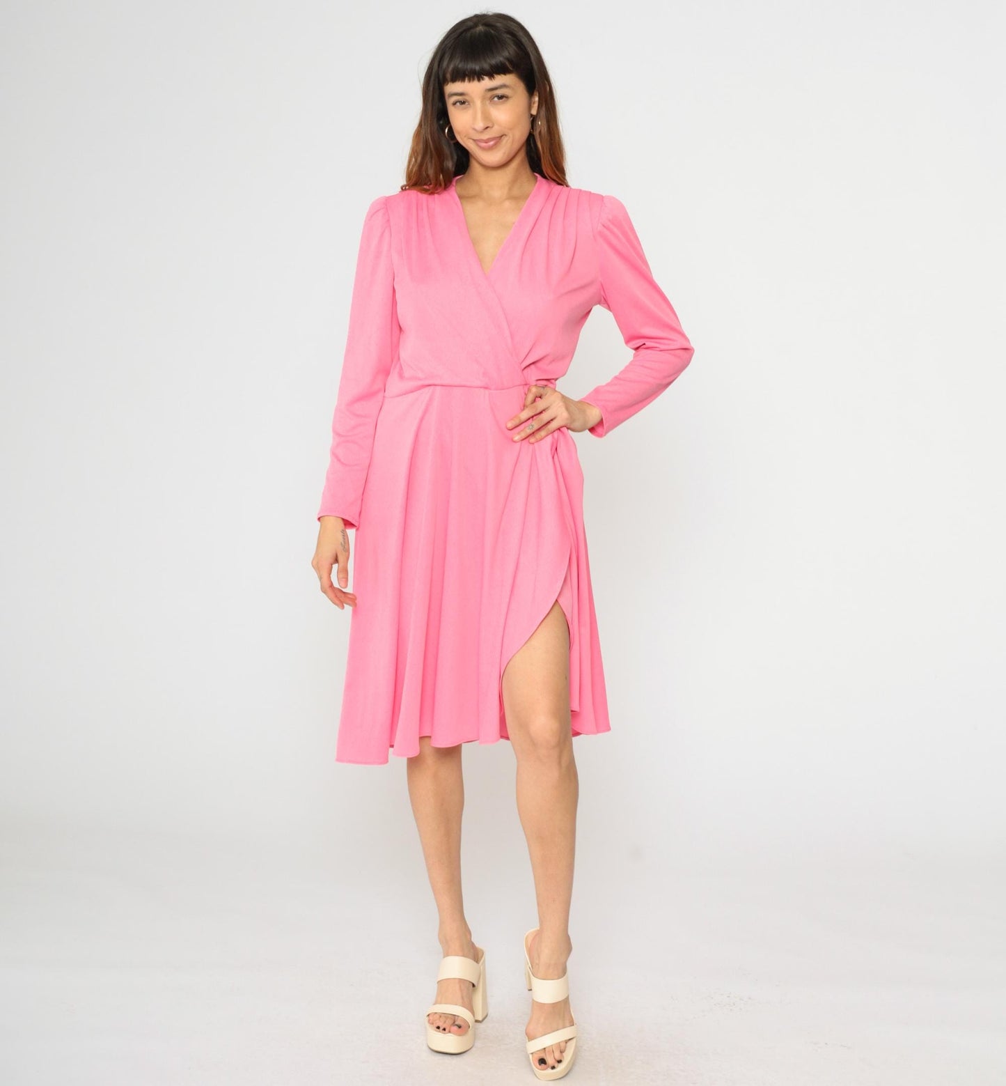80s Pink Faux Wrap Midi Dress Deep V Puff Sleeve High Waist Extra Large